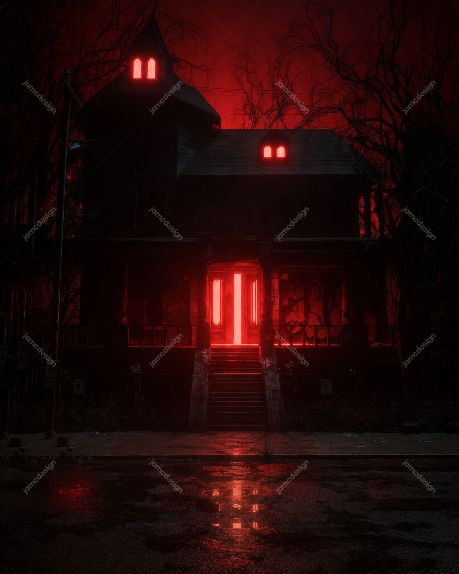 Fundo De Casa Mal Assombrada Vermelha Halloween. Fundo de casa malassombrada sombria fornecido como JPG