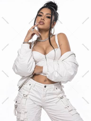 Woman In White Streetwear With Bold Makeup