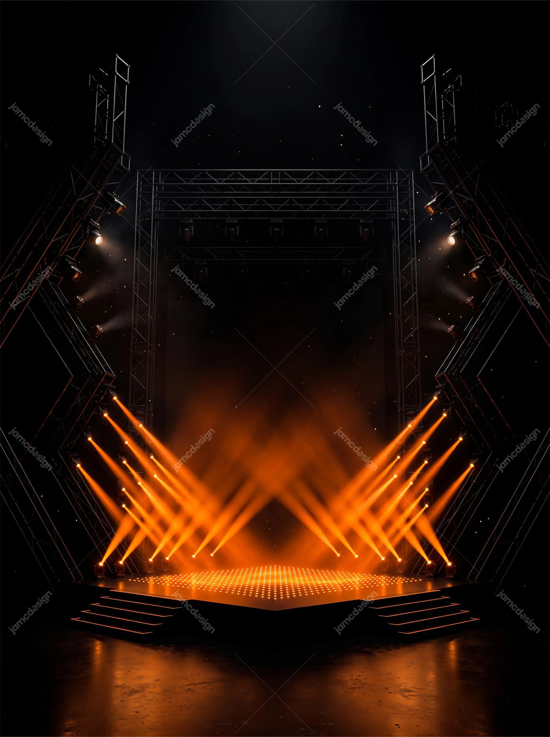 Dark Concert Stage Background With Orange Lighting. Download this JPG background featuring a concert stage framed by metal truss