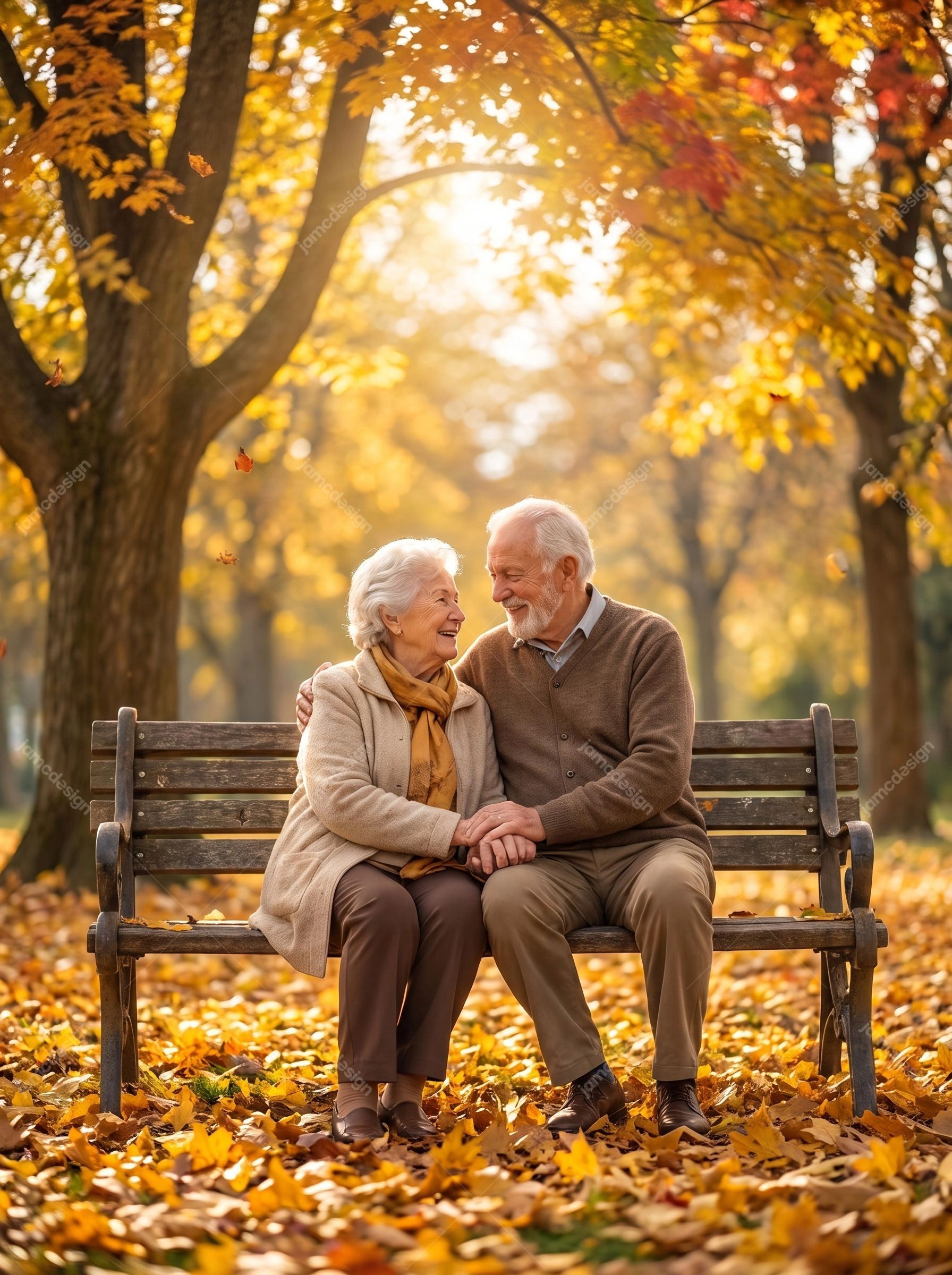 Happy Senior Couple Sitting Together In Autumn Park. JPG photo of a smiling senior couple sitting together on a wooden bench in an autumn park