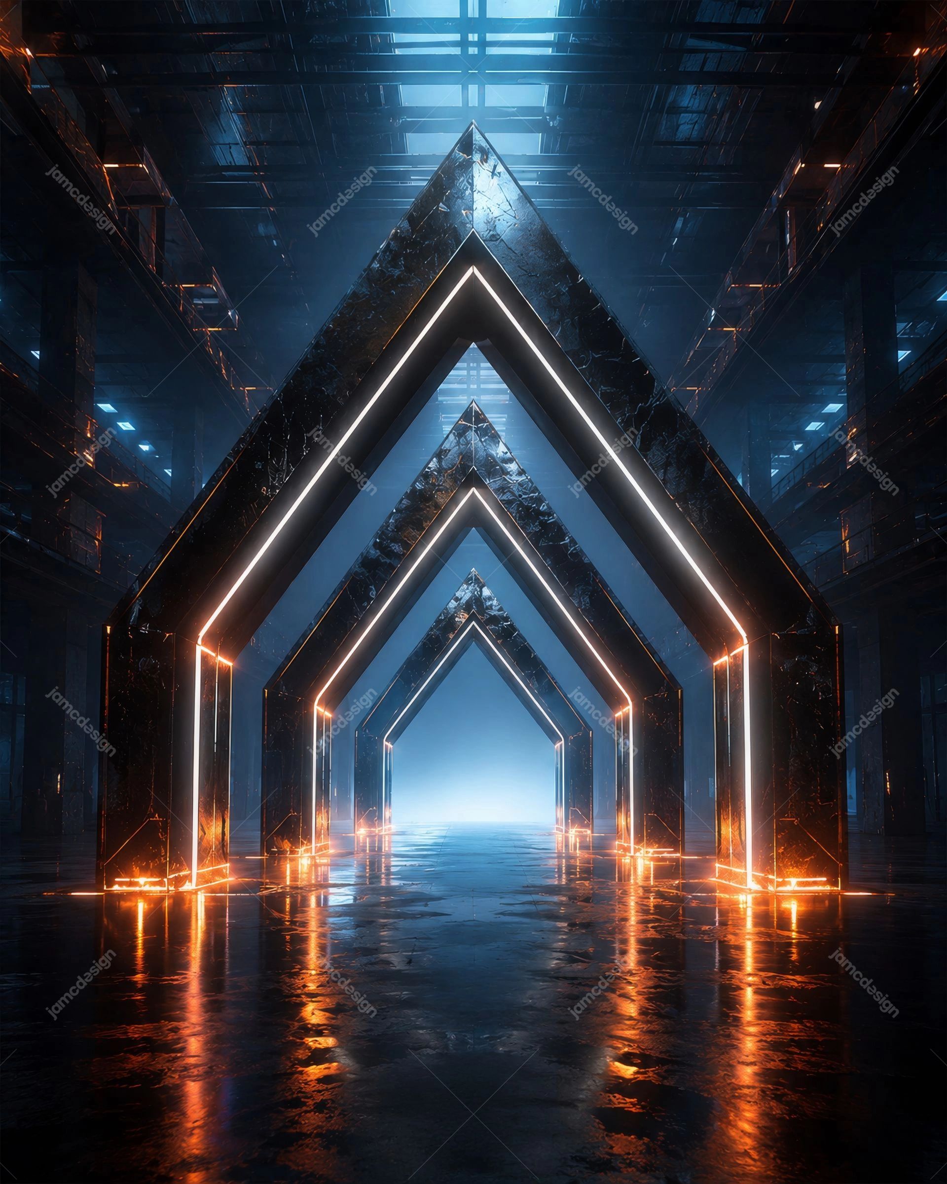 Futuristic Neon Archway Stage Background. Futuristic sci-fi background in JPG format showing nested triangular archways outlined in orange neon