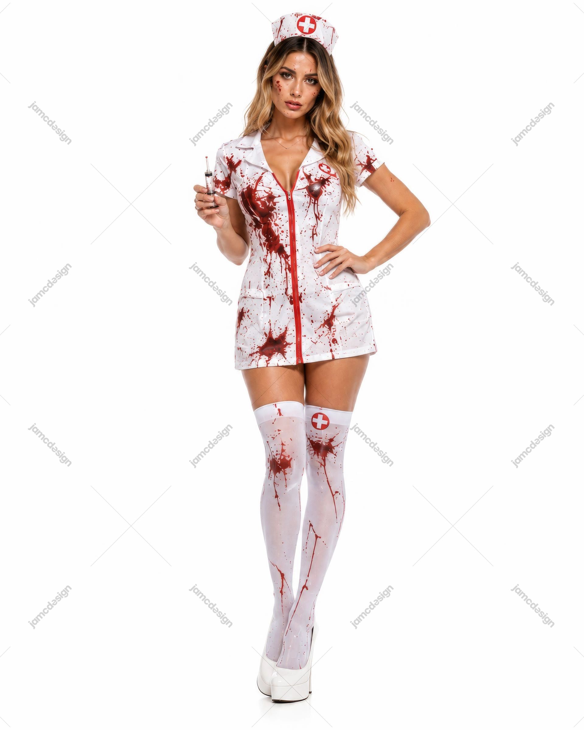Foto De Fantasia De Halloween De Mulher Enfermeira Ensanguentada Com Estetoscópio. Foto JPG de uma modelo em uma fantasia de enfermeira branca respingada
