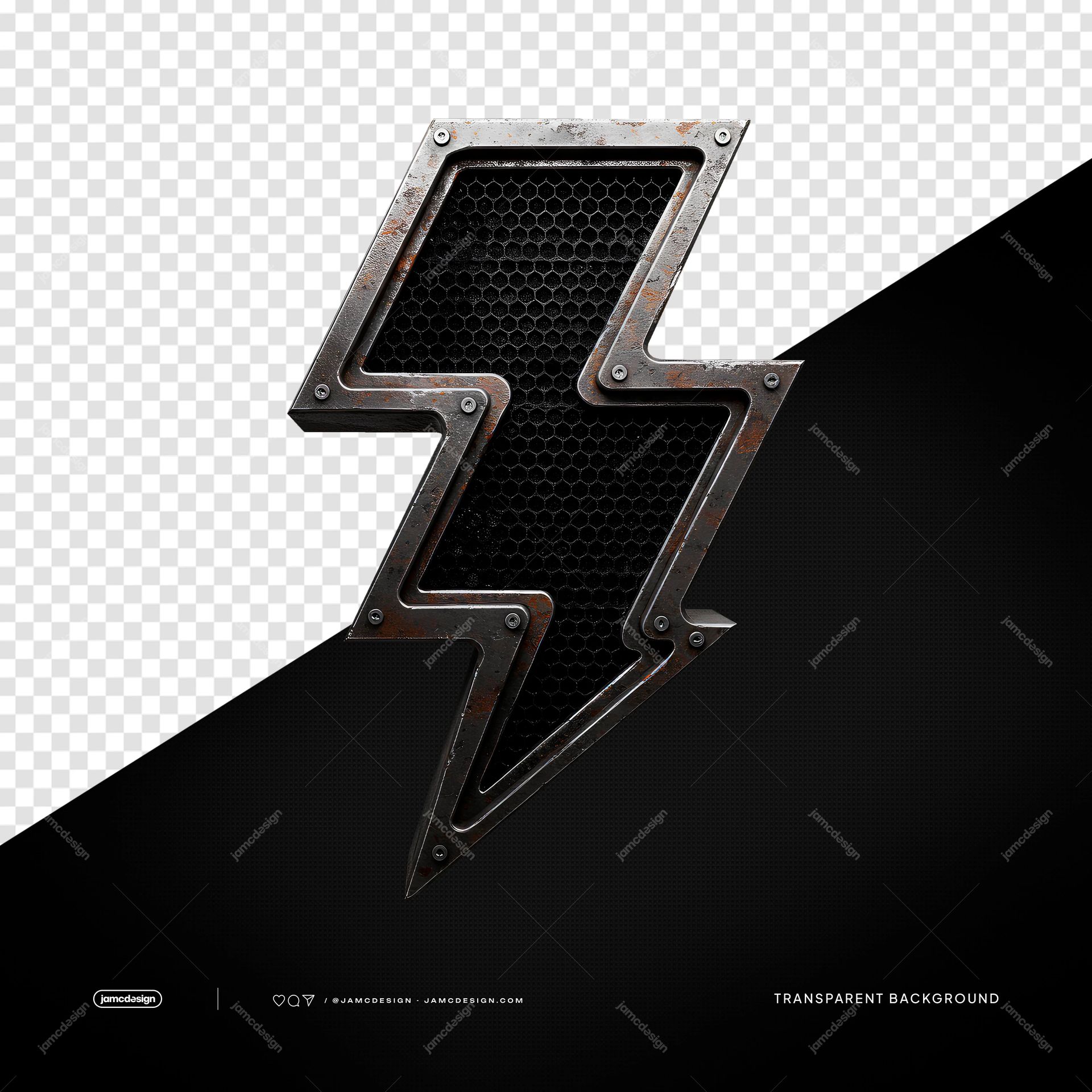 Industrial Metal Lightning Bolt Dark Object PNG Transparent. Industrial metal lightning bolt PNG transparent object with a dark honeycomb inset