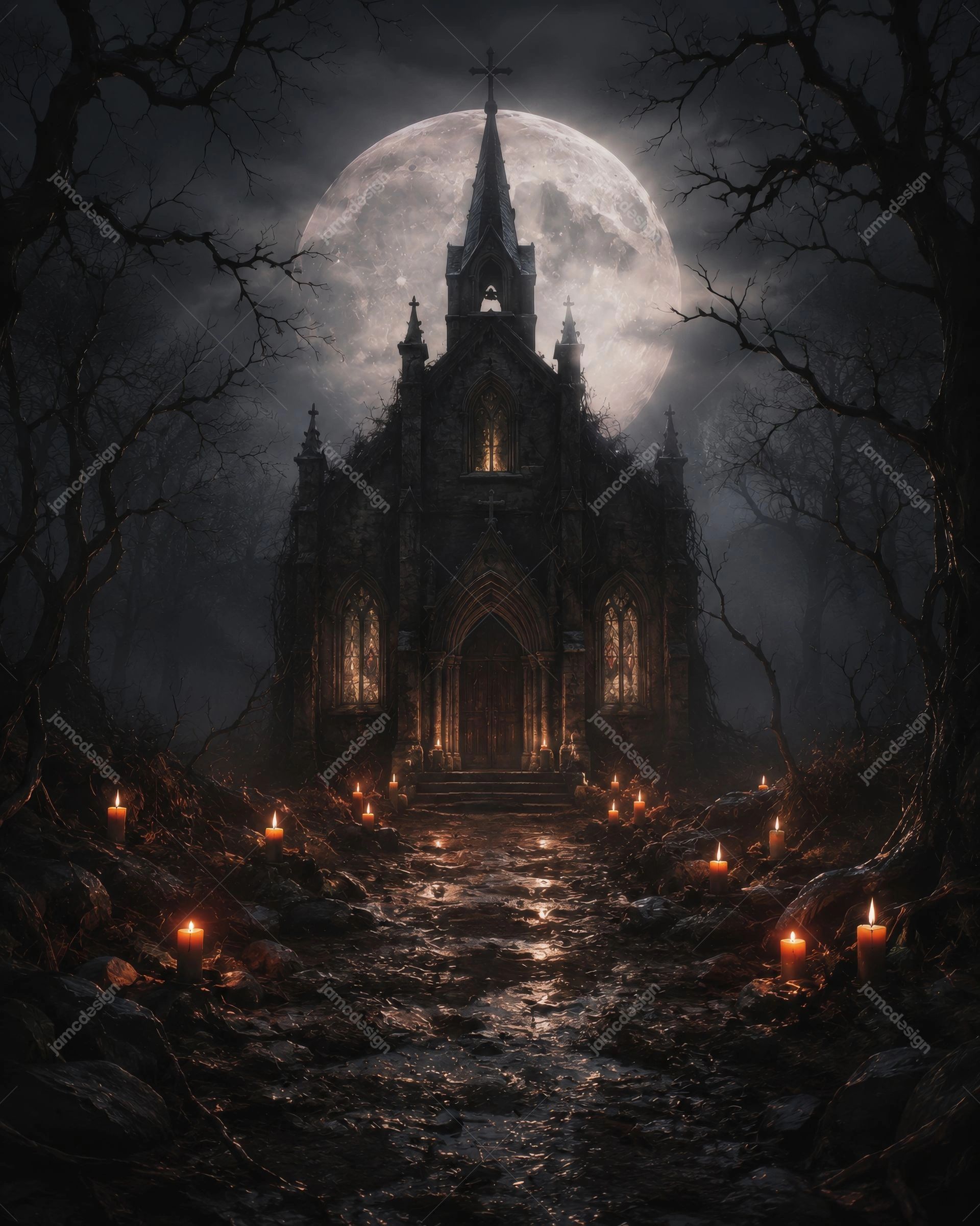 Gothic Chapel Under A Full Moon JPG Background. JPG background showing a gothic chapel beneath a full moon