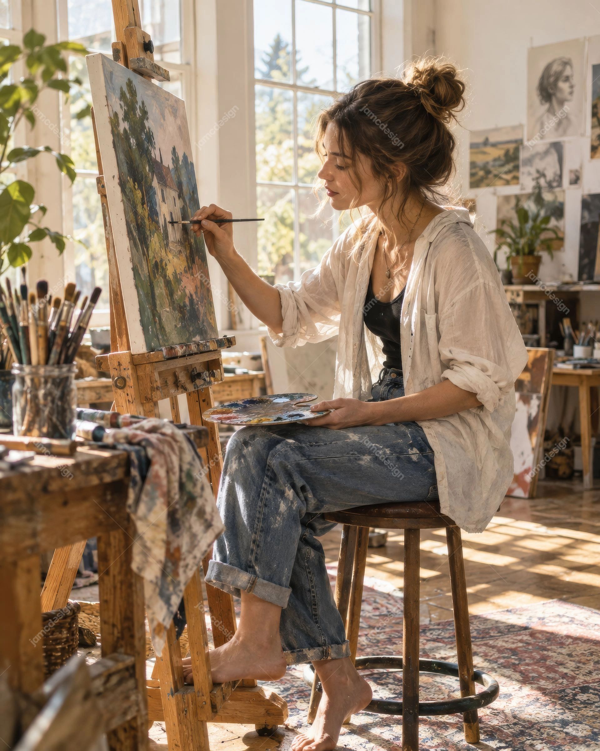 Femme Peignant Sur Une Toile Dans Un Atelier Lumineux. Téléchargez cette photo JPG d’une femme peignant sur une toile dans un atelier d’art baigné de lumière