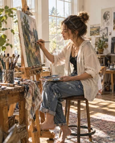 Woman Painting On Canvas In Sunlit Art Studio