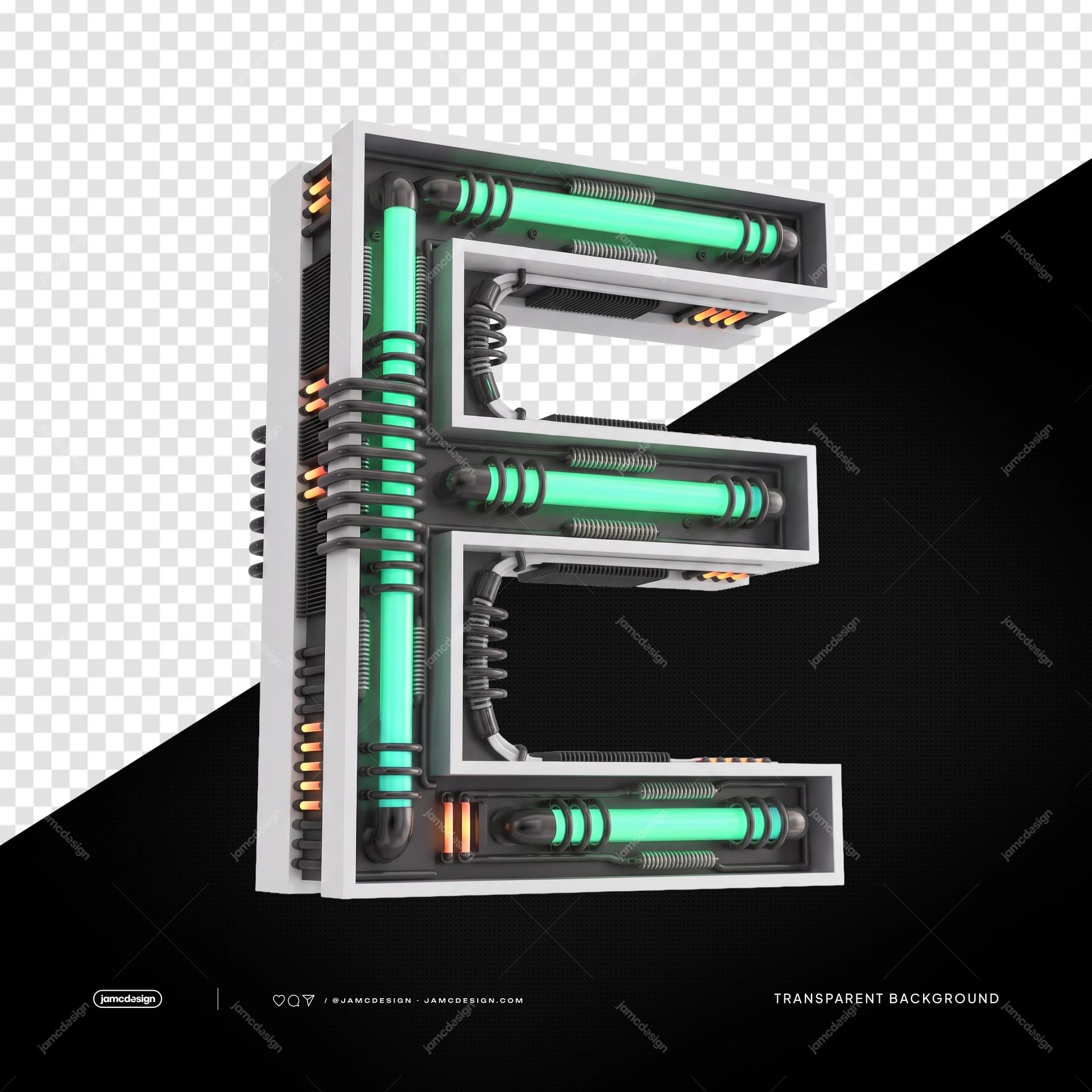 Letra E Neón Industrial Futurista 3D PNG Fondo Transparente. Letra E industrial 3D proporcionada como PNG transparente