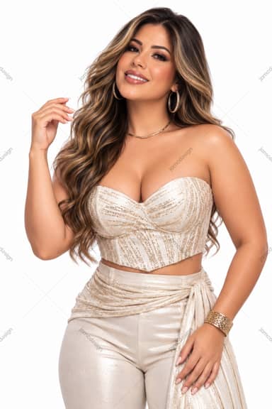 Smiling Woman In Gold Evening Outfit Studio Portrait PNG