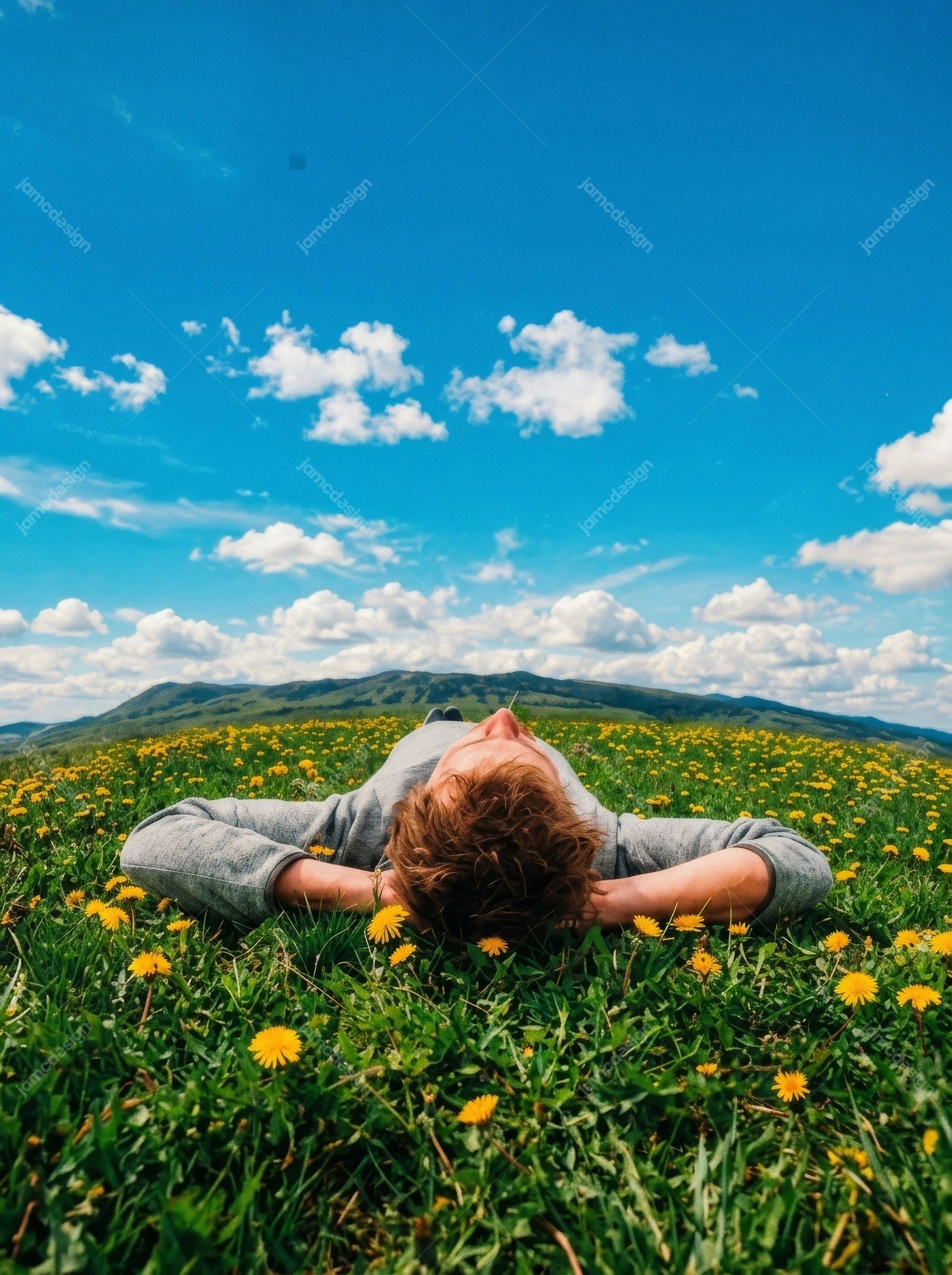 Man Lying In A Wildflower Meadow In The Mountains. Download this JPG photo of a man lying in a bright wildflower meadow beneath a blue sky