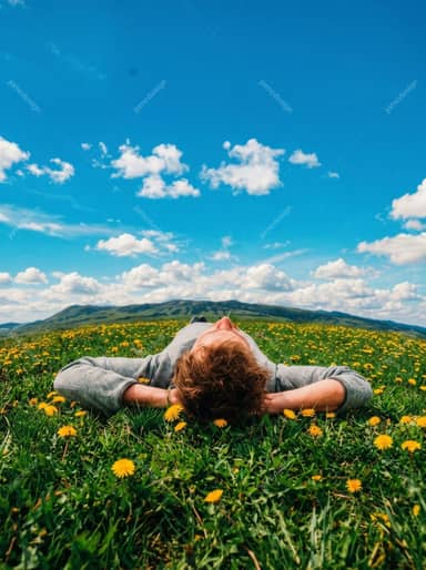 Man Lying In A Wildflower Meadow In The Mountains