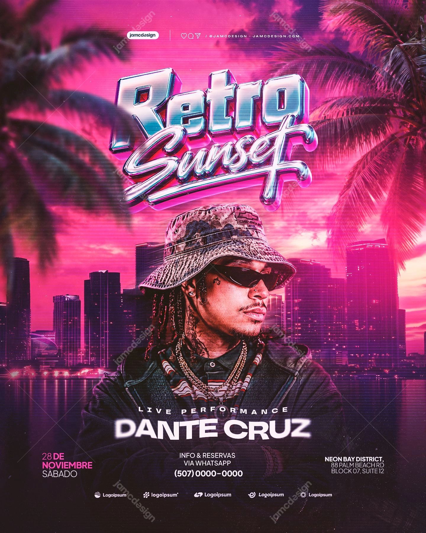 Plantilla De Flyer De Evento Retro Al Atardecer PSD. Descarga esta plantilla editable en PSD para un cartel de evento