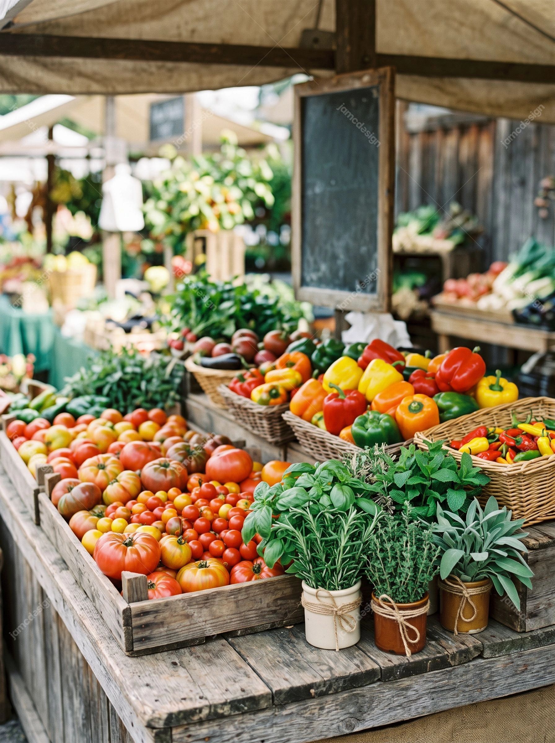 Stand De Marché Fermier Avec Tomates Et Poivrons. Cette photo JPG montre un étal coloré de marché de producteurs avec des tomates fraîches, des poivrons