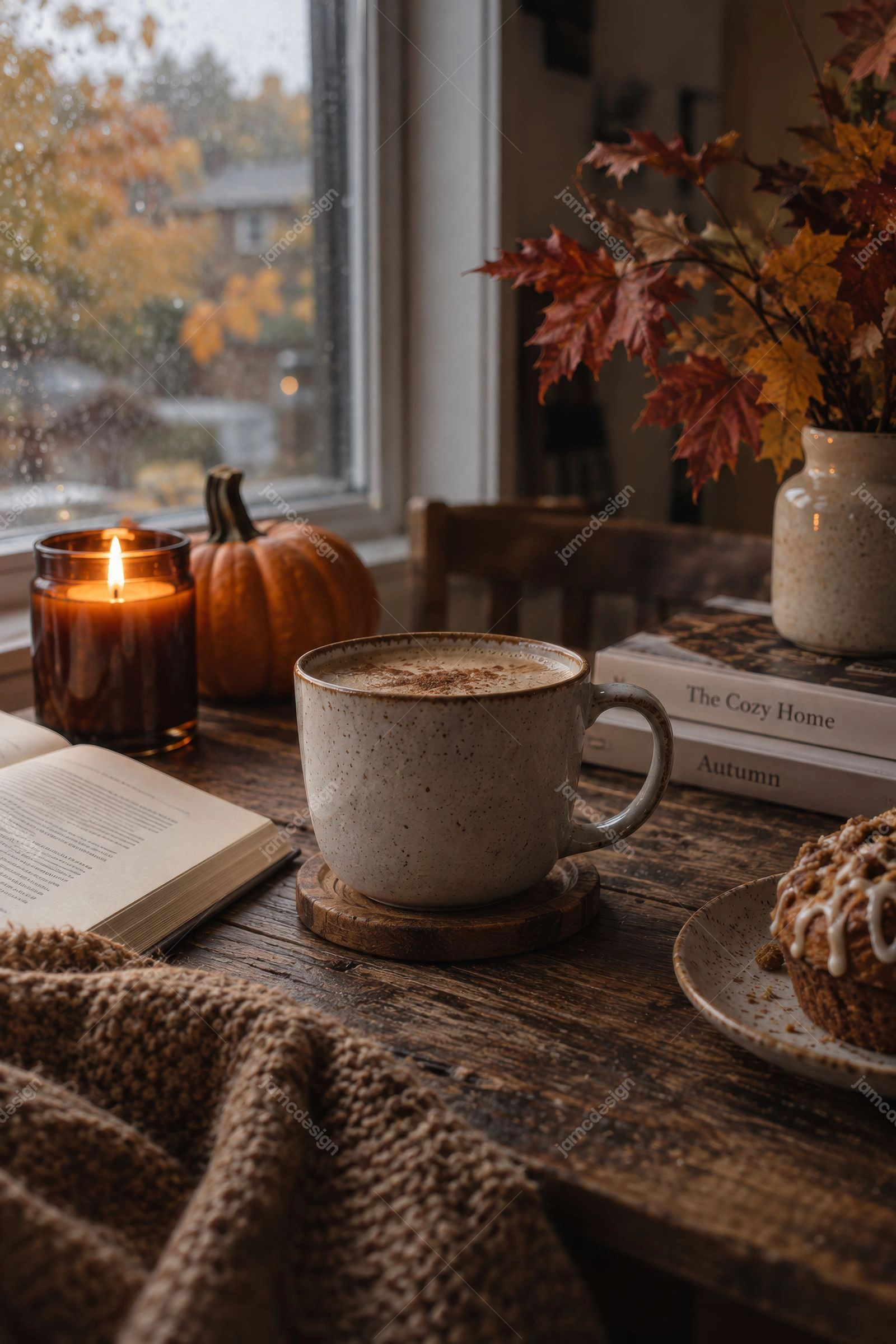 Café D’Automne, Livre Et Bougie Près De La Fenêtre. Téléchargez cette photo JPG réaliste représentant une tasse de café automnale chaleureuse, un livre