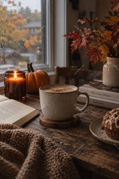 Cozy Autumn Coffee, Book And Candle By The Window