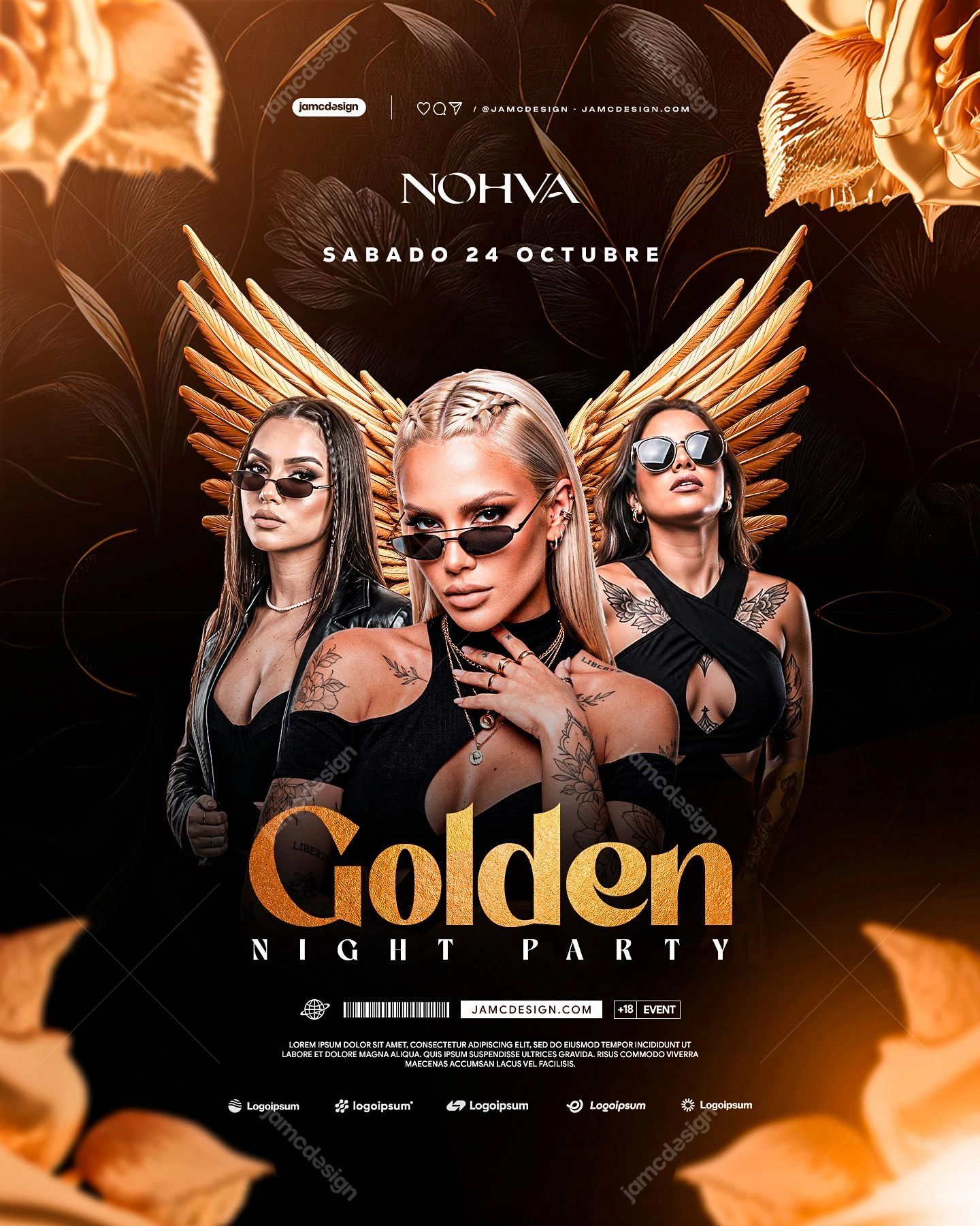 Gold Feather Night Party Flyer Template PSD. Download this PSD event flyer featuring three fashion models in black outfits beneath fan shaped golden accents