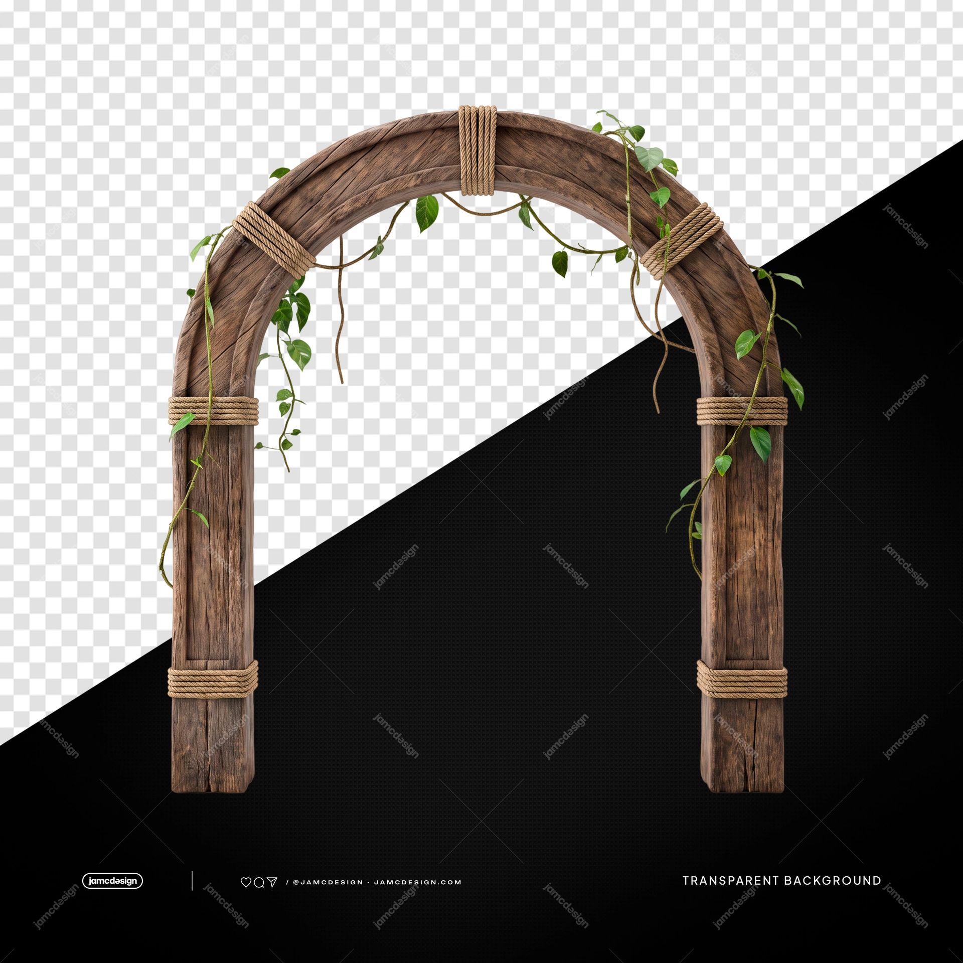 Arco Tropical De Madera Con Enredaderas PNG. Descarga este objeto PNG transparente de un marco de arco de madera rústica envuelto con enredaderas y cuerda