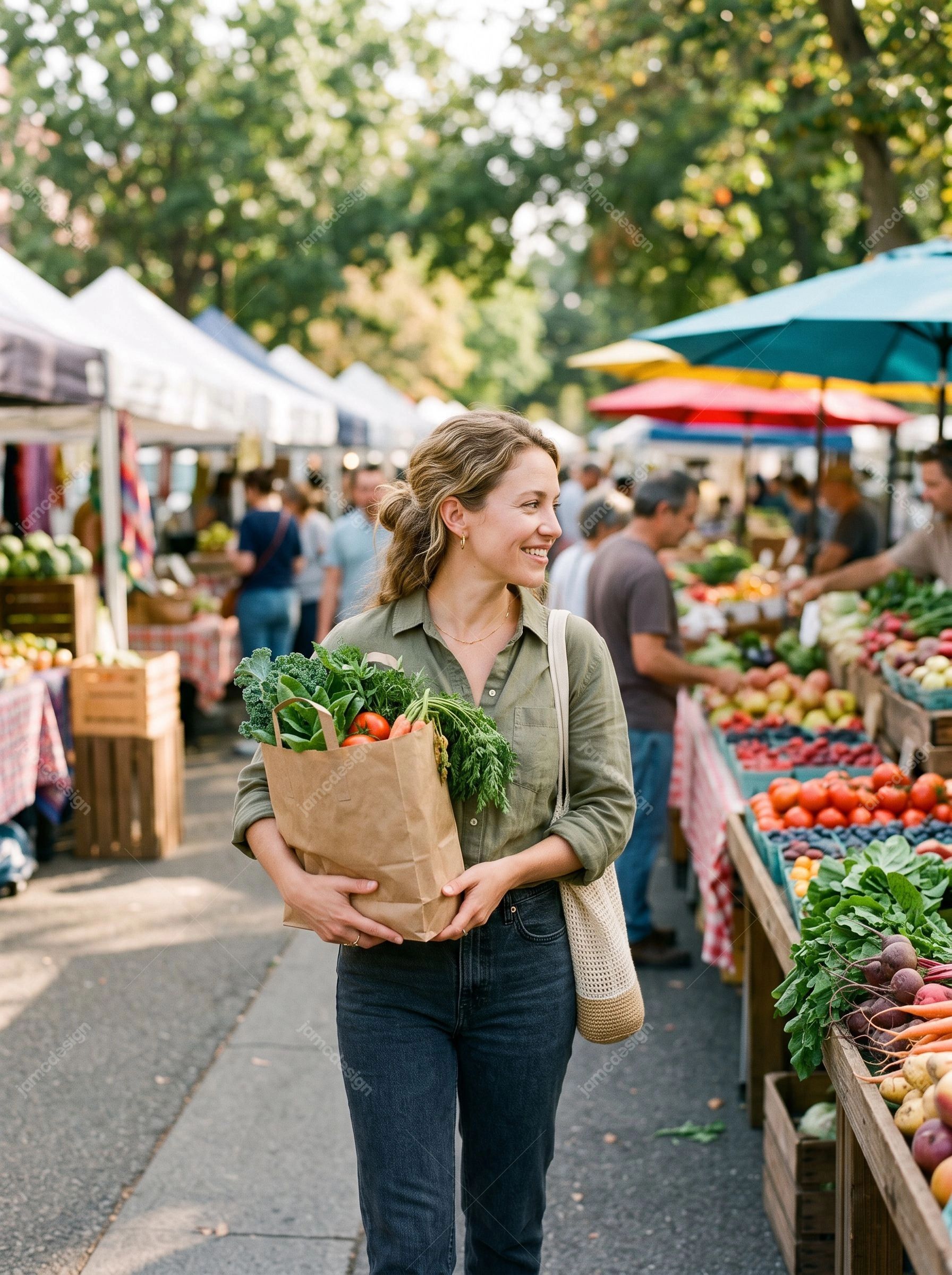Femme Achetant Des Produits Frais Au Marché De Producteurs. Photo JPG d’une femme souriante portant un sac en papier rempli de légumes frais sur un marché