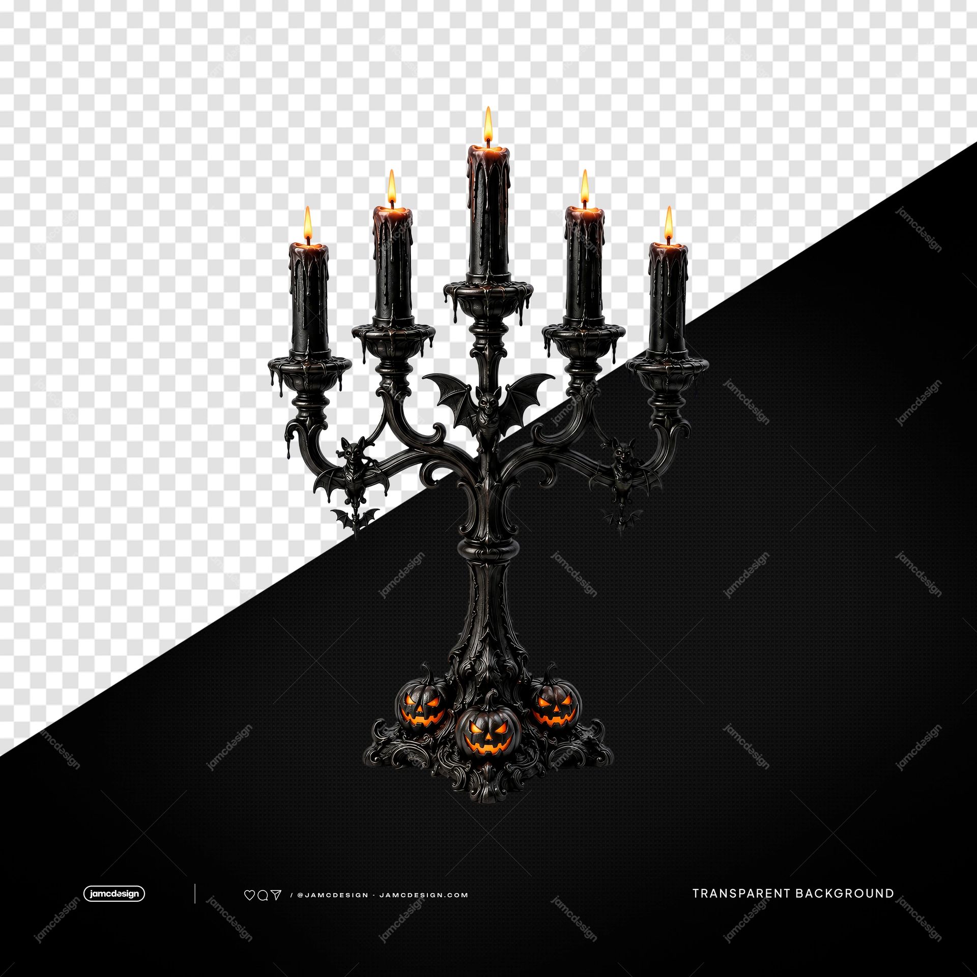 Candelabro Gótico De Halloween Com Velas Pretas PNG Fundo Transparente. Candelabro gótico ornamentado em PNG com fundo transparente