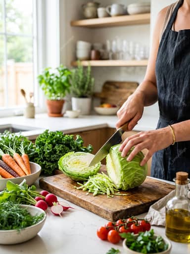 Woman Preparing Fresh Cabbage With Vegetables