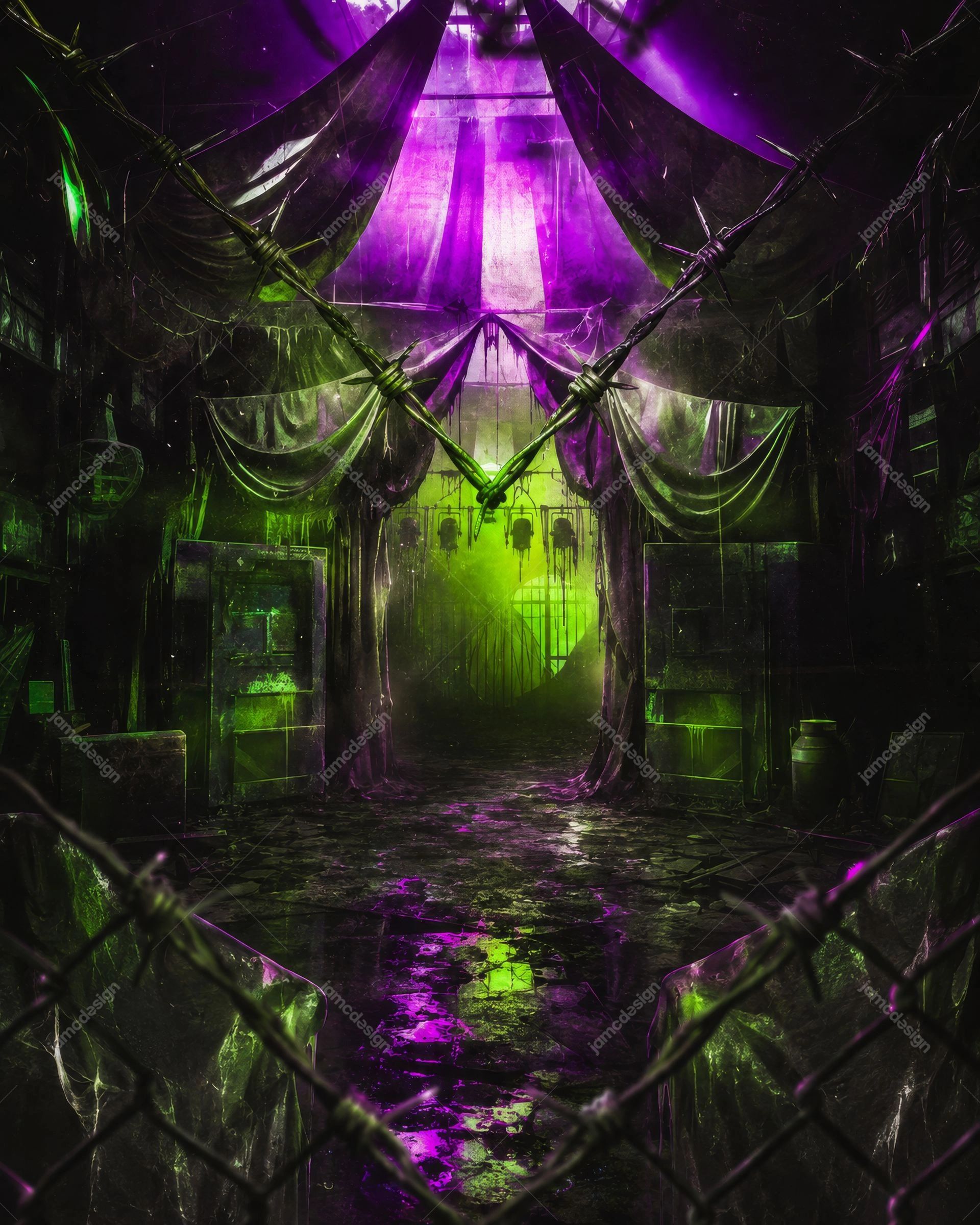 Haunted Carnival Barbed Wire Neon Horror Background. JPG background showing a shadowy carnival entrance draped in fabric and crossed by barbed wire
