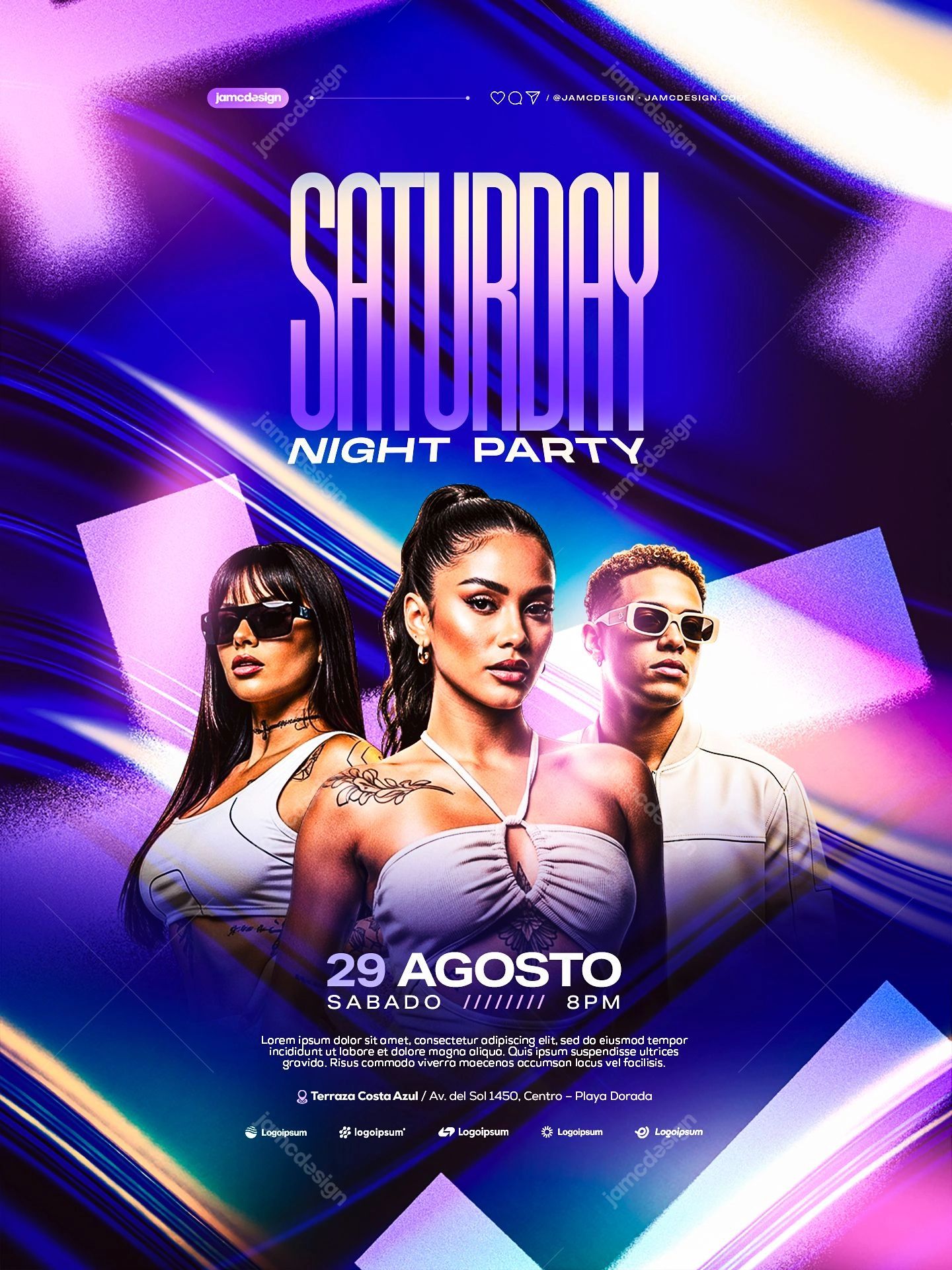 Neon Saturday Night Party Flyer PSD Template. Editable PSD event flyer template for a Saturday night party