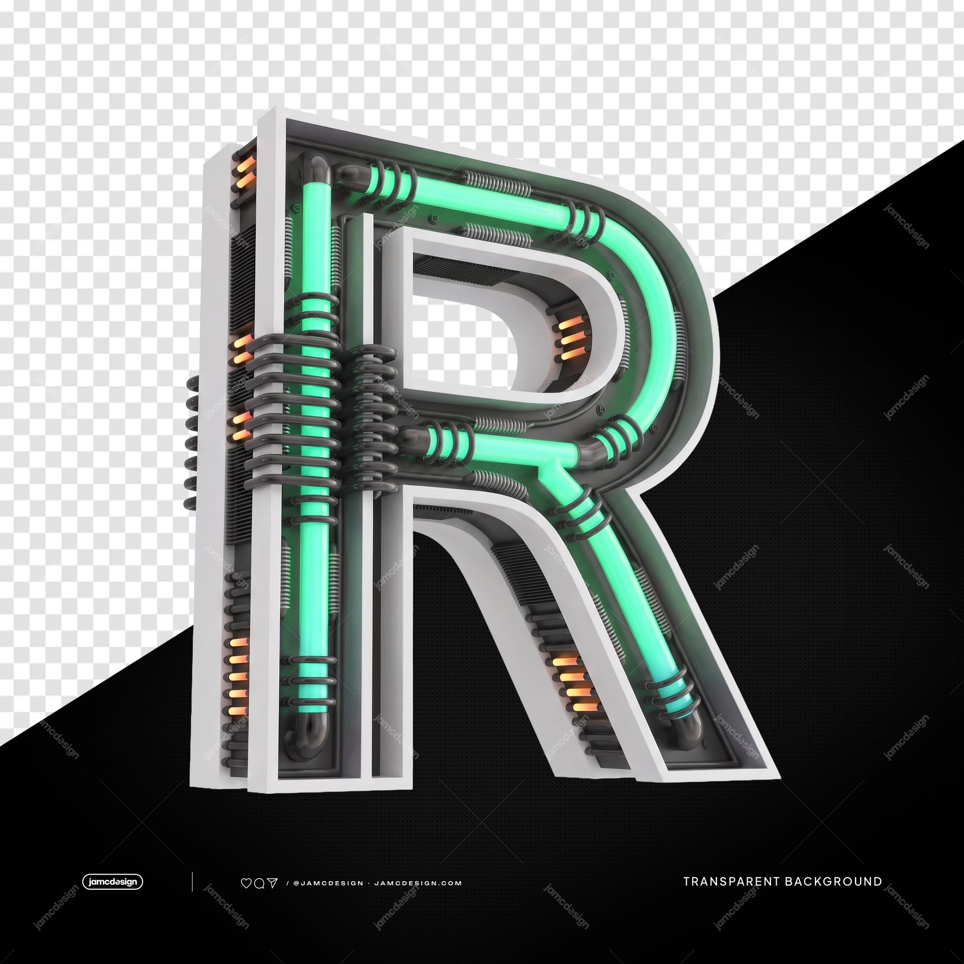 3D Futuristic Industrial Neon Letter R PNG Transparent Background. 3D industrial neon letter R supplied as a PNG transparent object