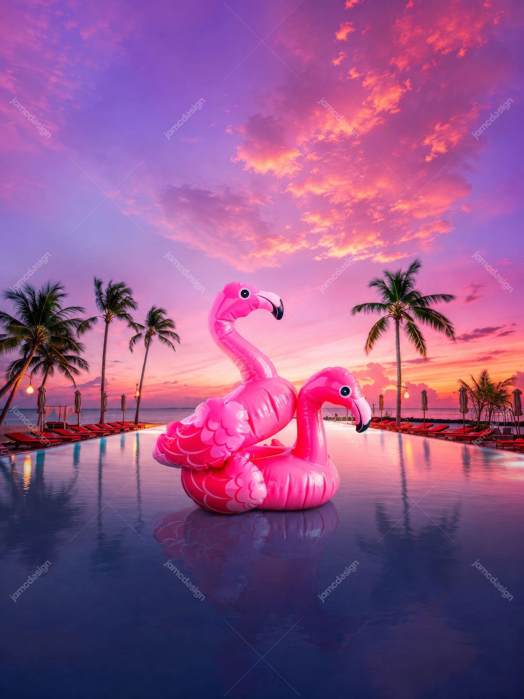 Tropical Sunset Flamingo Pool Pink Inflatables Background. JPG background featuring two bright pink flamingo inflatables in a reflective pool