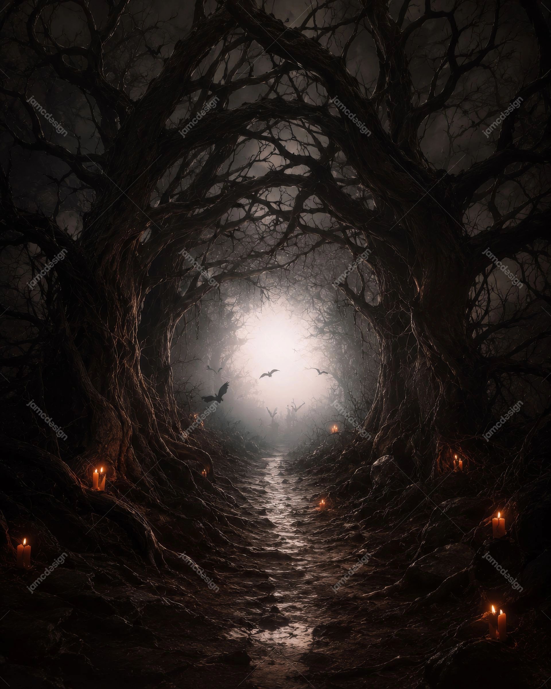 Twisted Haunted Tree Tunnel Halloween Background. JPG background showing a dark forest tunnel formed by twisted trees, with a muddy path, glowing candles