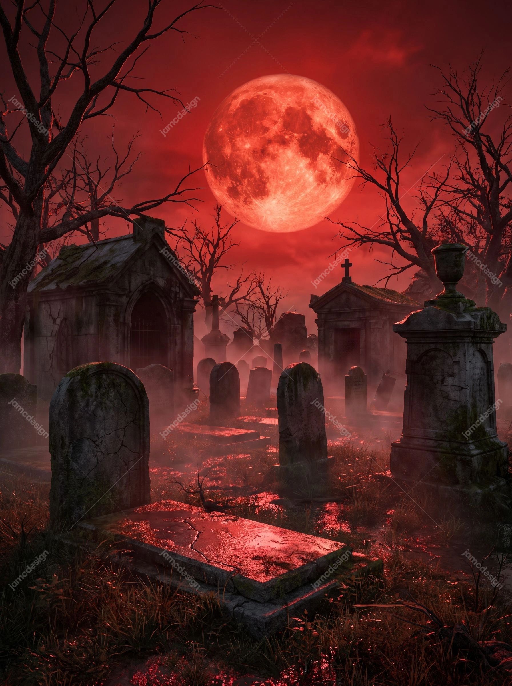 Gothic Ruins Blood Moon Halloween Crimson Graveyard Fog Background. JPG background showing a cinematic Halloween graveyard with gothic mausoleums