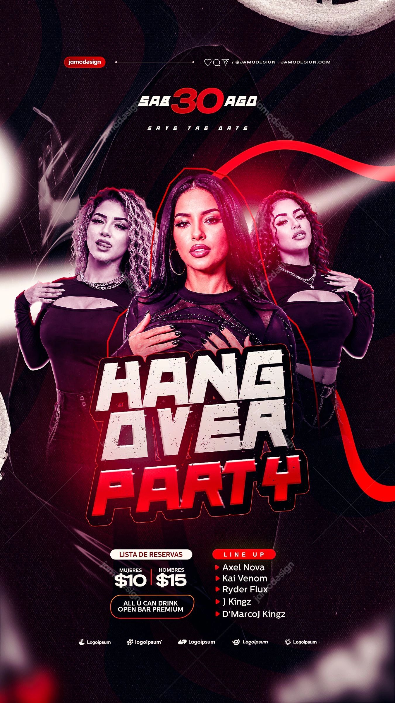 Hangover Party Flyer Story PSD Template. Editable PSD template for a hangover party story flyer with three women in black outfits