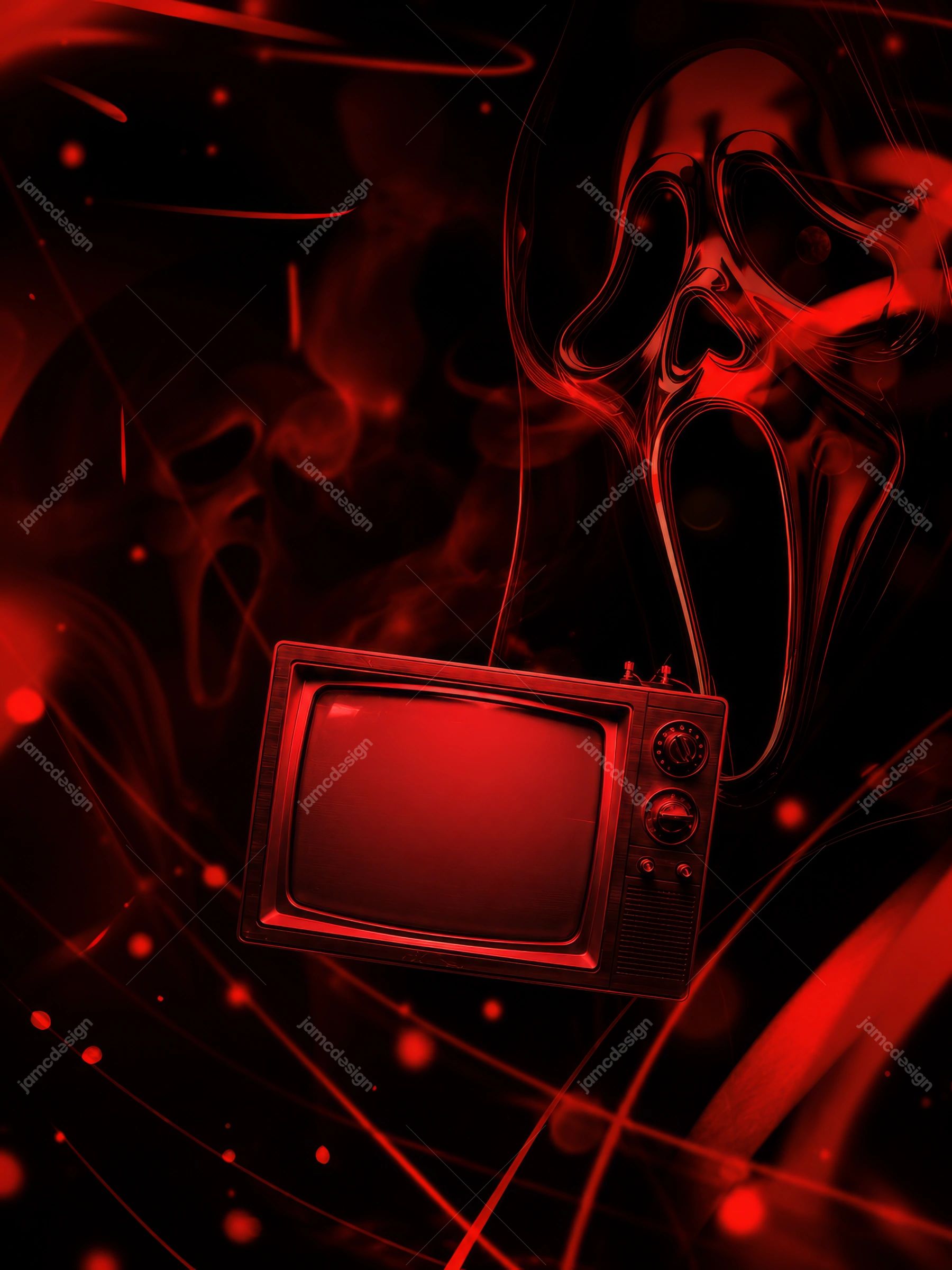 Ghost Mask And Vintage TV Horror Background PNG. This PNG horror background pairs a large ghost mask and vintage television with glowing red streaks