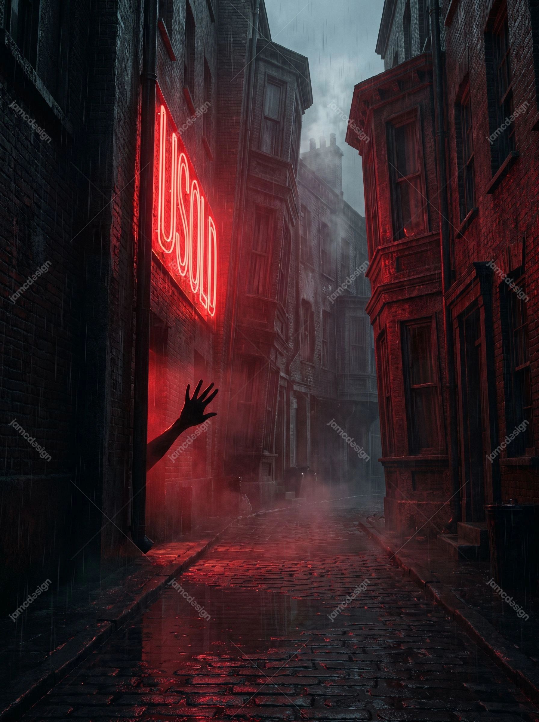 Shadowy Hand Reaching From Neon Alley Horror Red Fog Background. JPG background showing a narrow rain soaked brick alley between tall old buildings