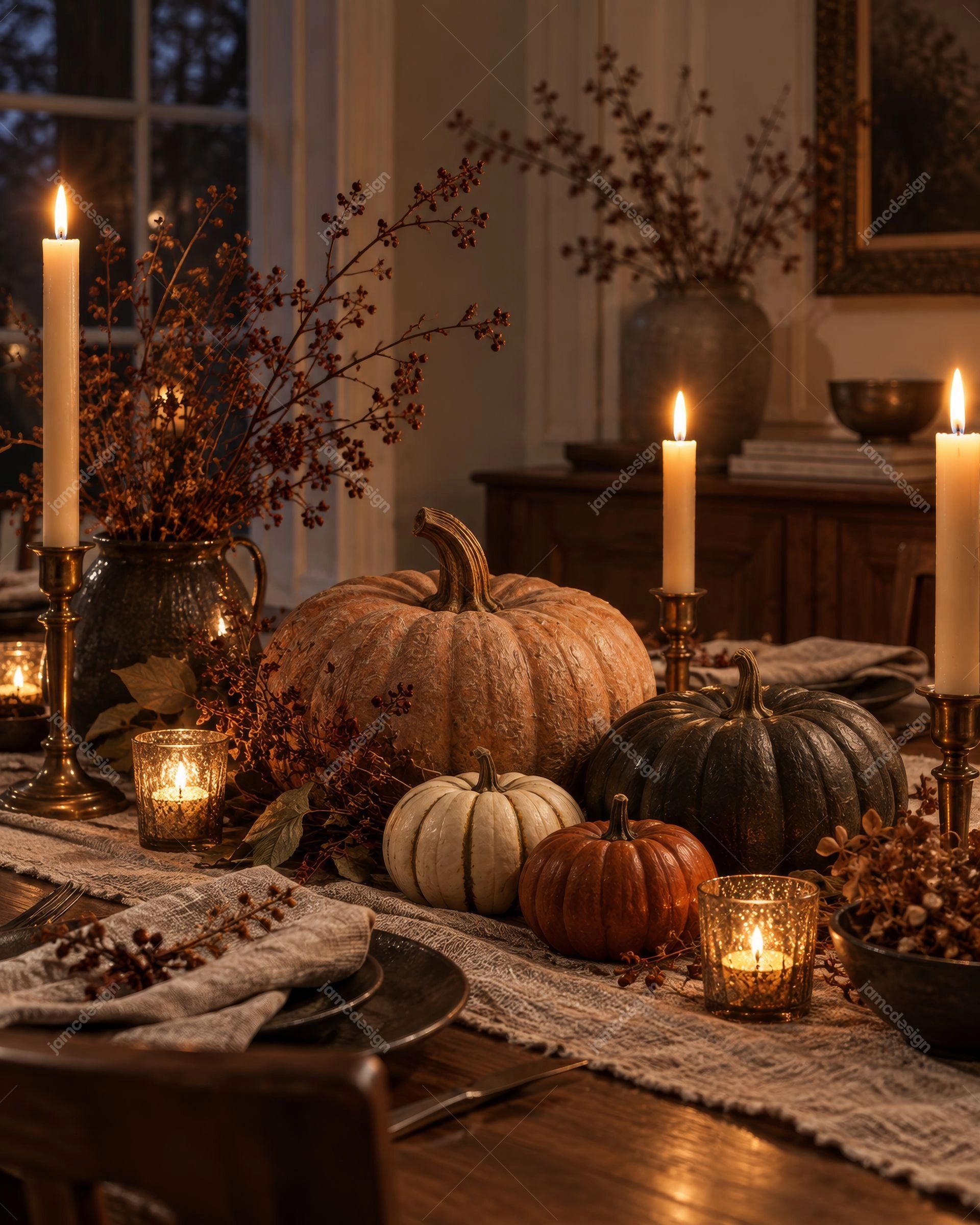 Photo De Centre De Table Automnal Rustique Avec Citrouilles Et Bougies. Cette photo JPG présente une décoration de table automnale et rustique