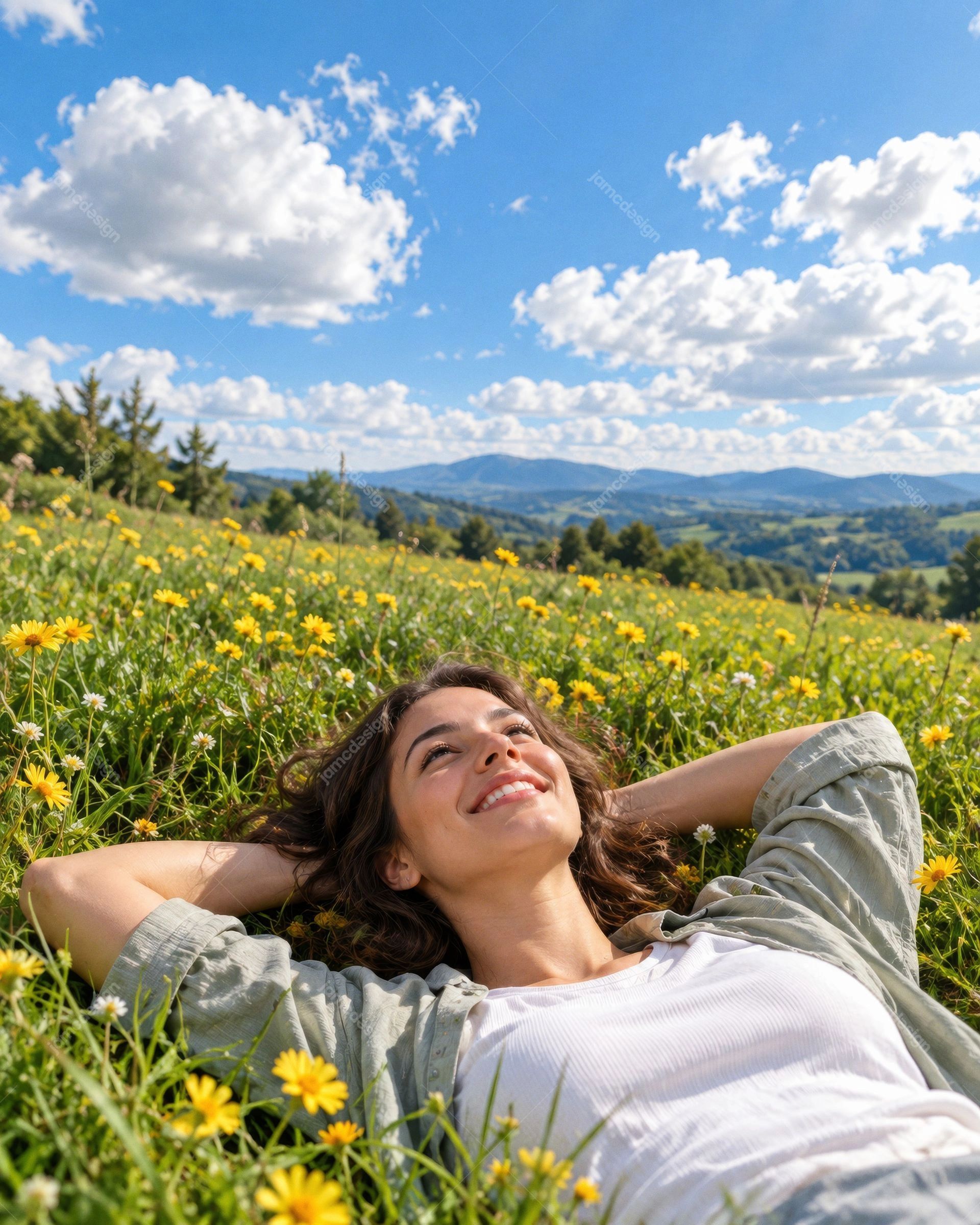 A Woman Relaxing In A Spring Wildflower Meadow. Download this JPG photo of a smiling woman relaxing among yellow wildflowers, with bright natural light