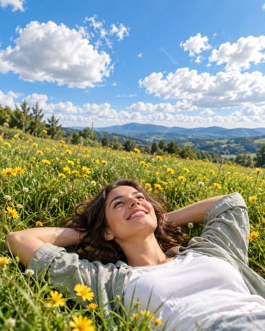 A Woman Relaxing In A Spring Wildflower Meadow