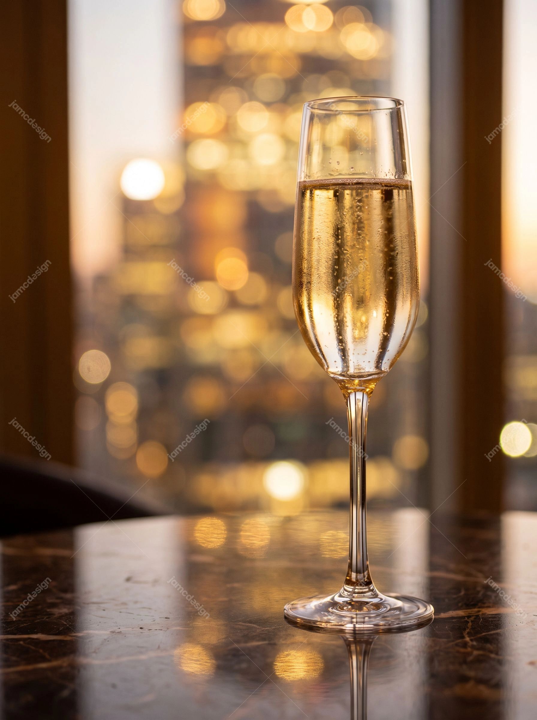 Champagne Flute With Golden Bokeh. Download this JPG photo of a champagne flute on a reflective table