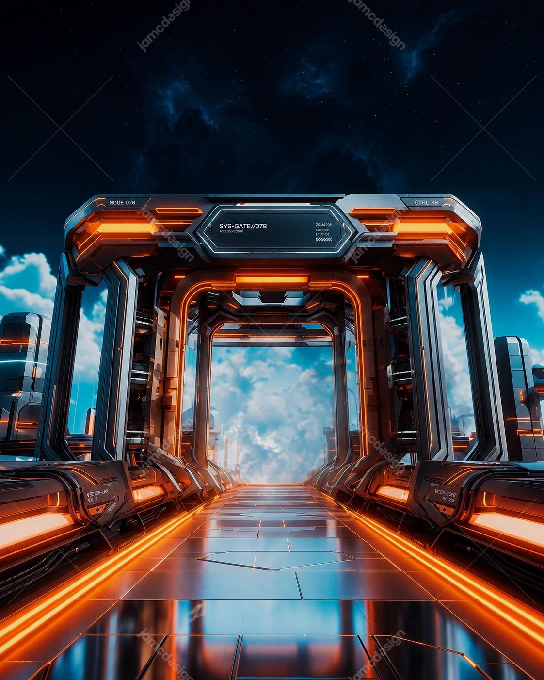 Futuristic Sci-Fi Portal With Orange Neon Lights Background. PNG render of a futuristic sci-fi corridor and portal structure with angular metallic frames