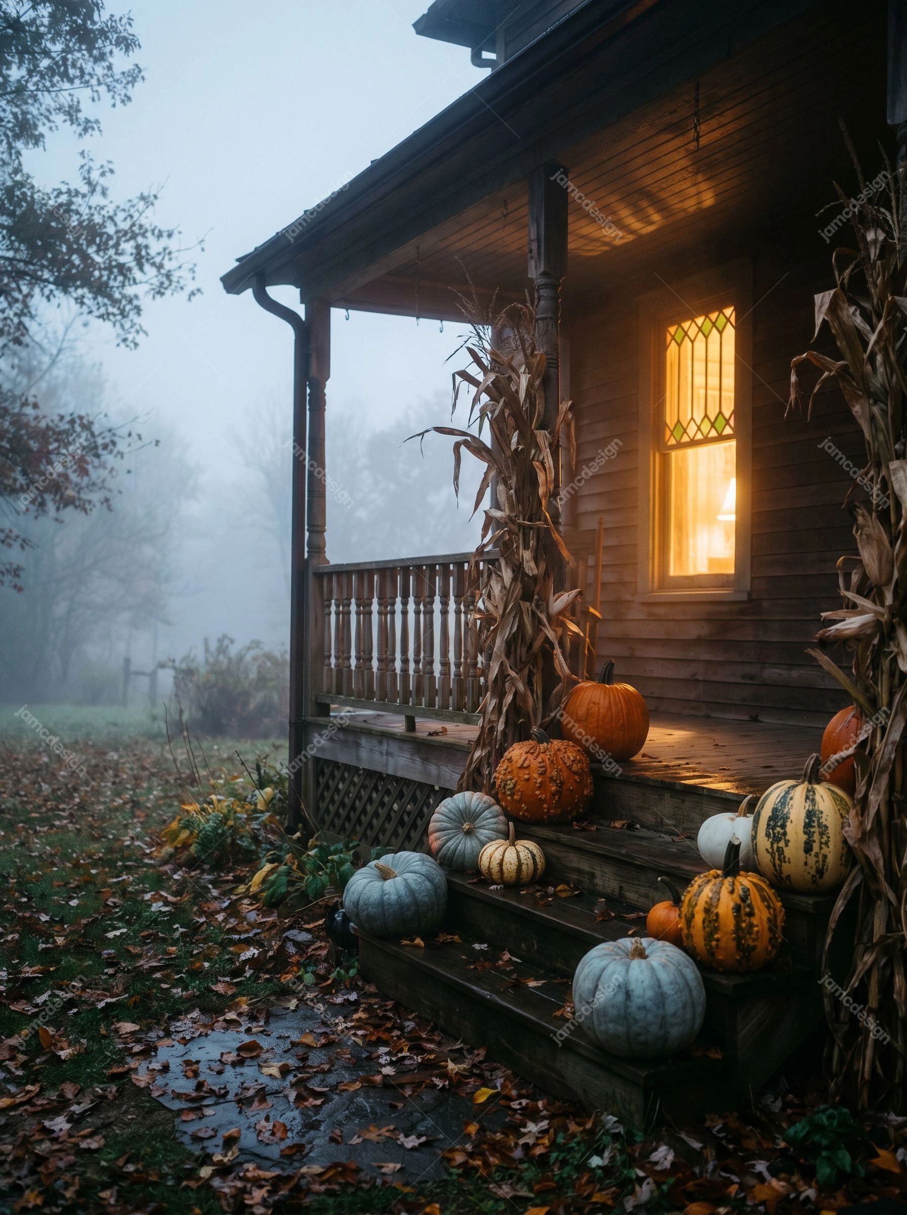 Rustic Autumn Porch With Pumpkins. Download this JPG photo of a rustic wooden porch with pumpkins, dried corn stalks