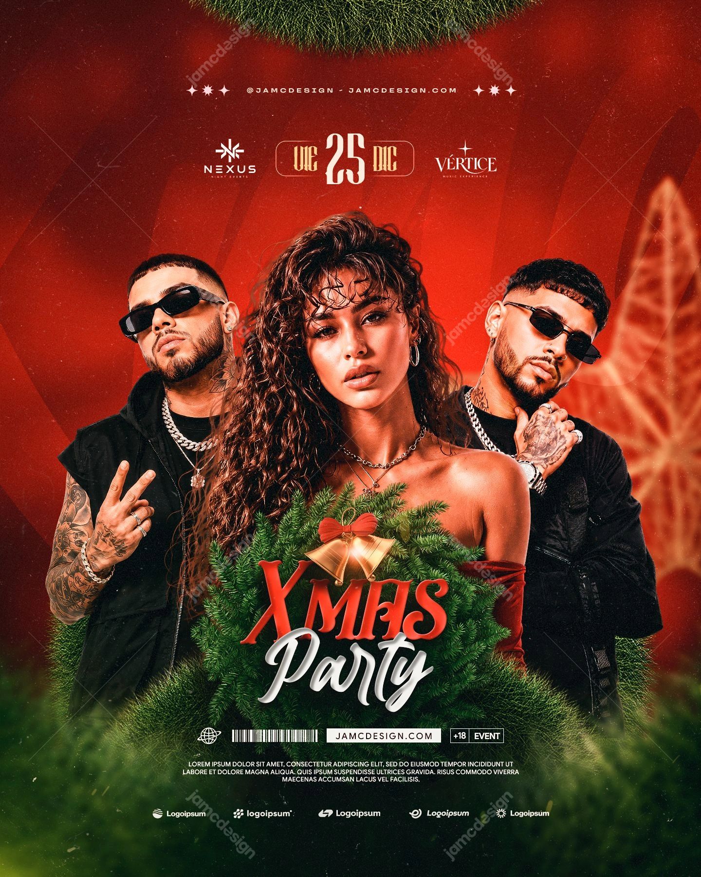 Red Christmas Night Event Flyer PSD. Download this editable PSD event flyer for a Christmas party, showing a central woman with two men in sunglasses