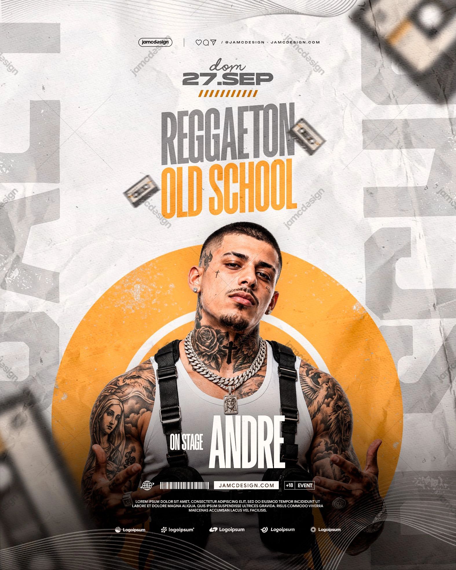 Orange Circle Old School Reggaeton Flyer PSD. Editable PSD event flyer for an old school reggaeton event, featuring a tattooed man, cassette imagery
