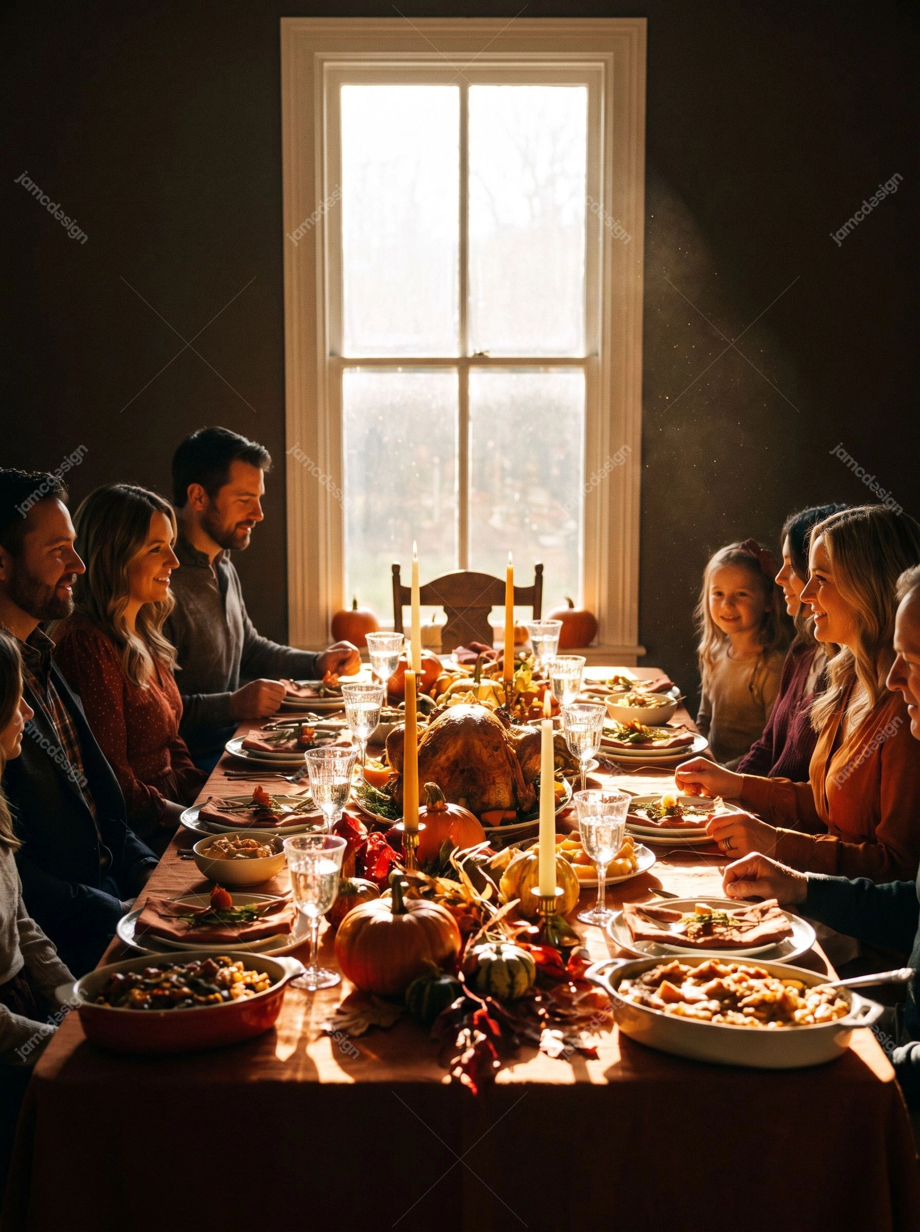 Family Thanksgiving Dinner With Autumn Table Decor. Download this JPG photo of a family Thanksgiving dinner around a warmly lit table