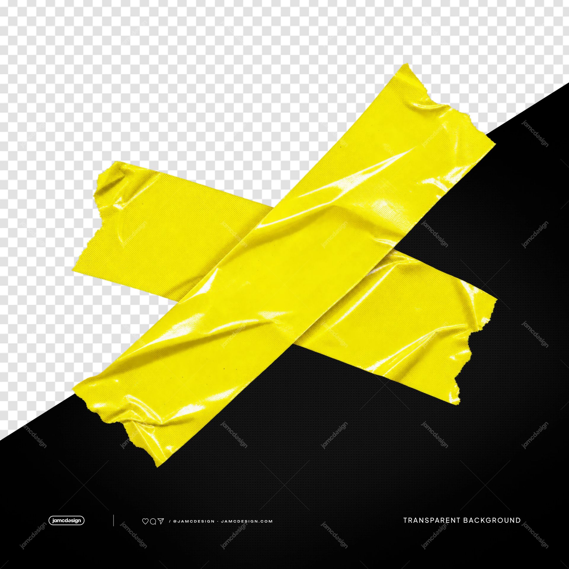 Crossed Yellow Duct Tape Strips PNG Transparent. Crossed yellow duct tape strips supplied as a PNG transparent object, showing glossy creases