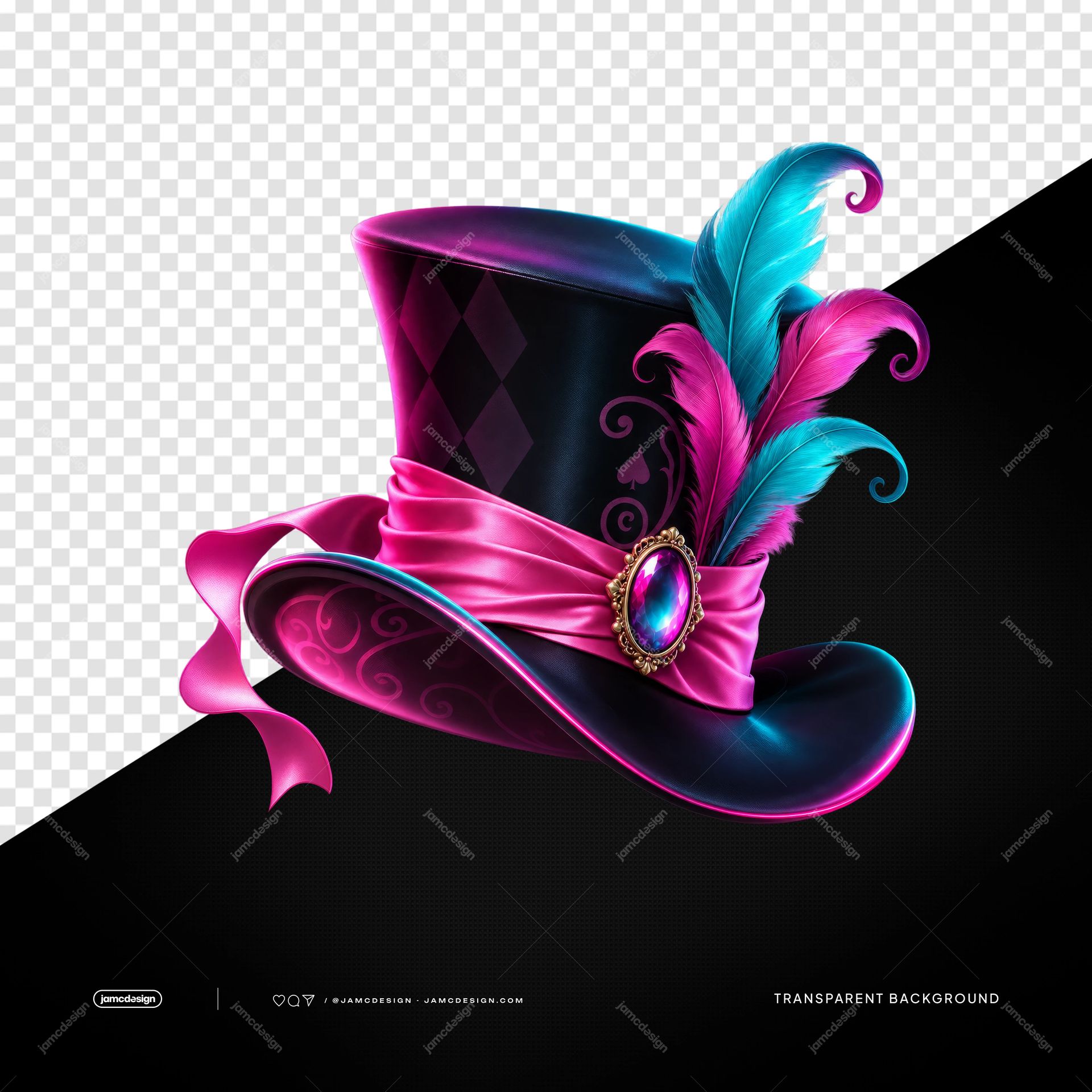 Fantasy Top Hat With Pink And Blue Feathers PNG. Download this transparent PNG object featuring a fantasy top hat with a satin ribbon, jeweled brooch