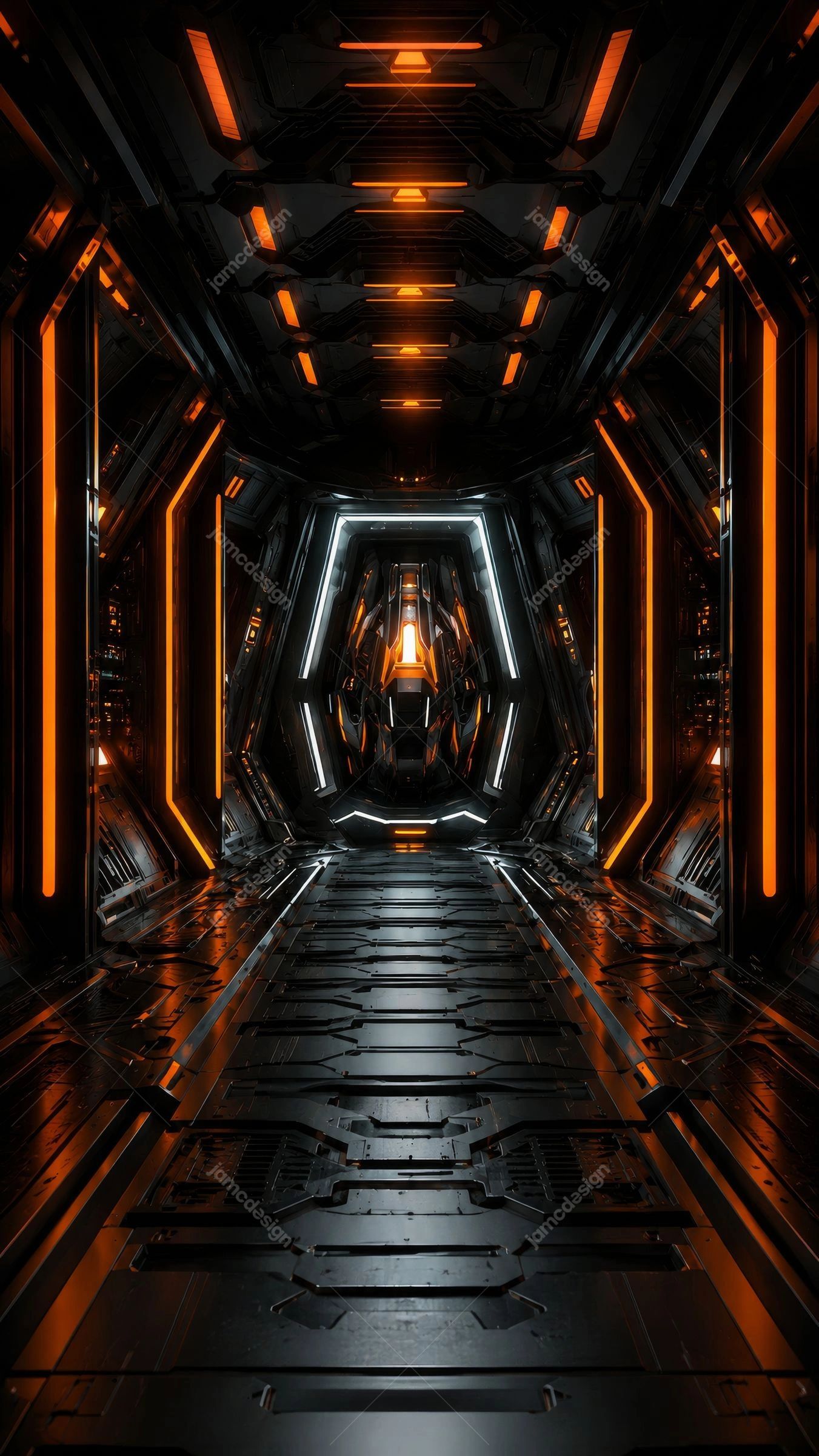 Futuristic Spaceship Corridor Orange Neon Background. JPG background showing a futuristic spaceship corridor with dark metallic panels, orange neon strips