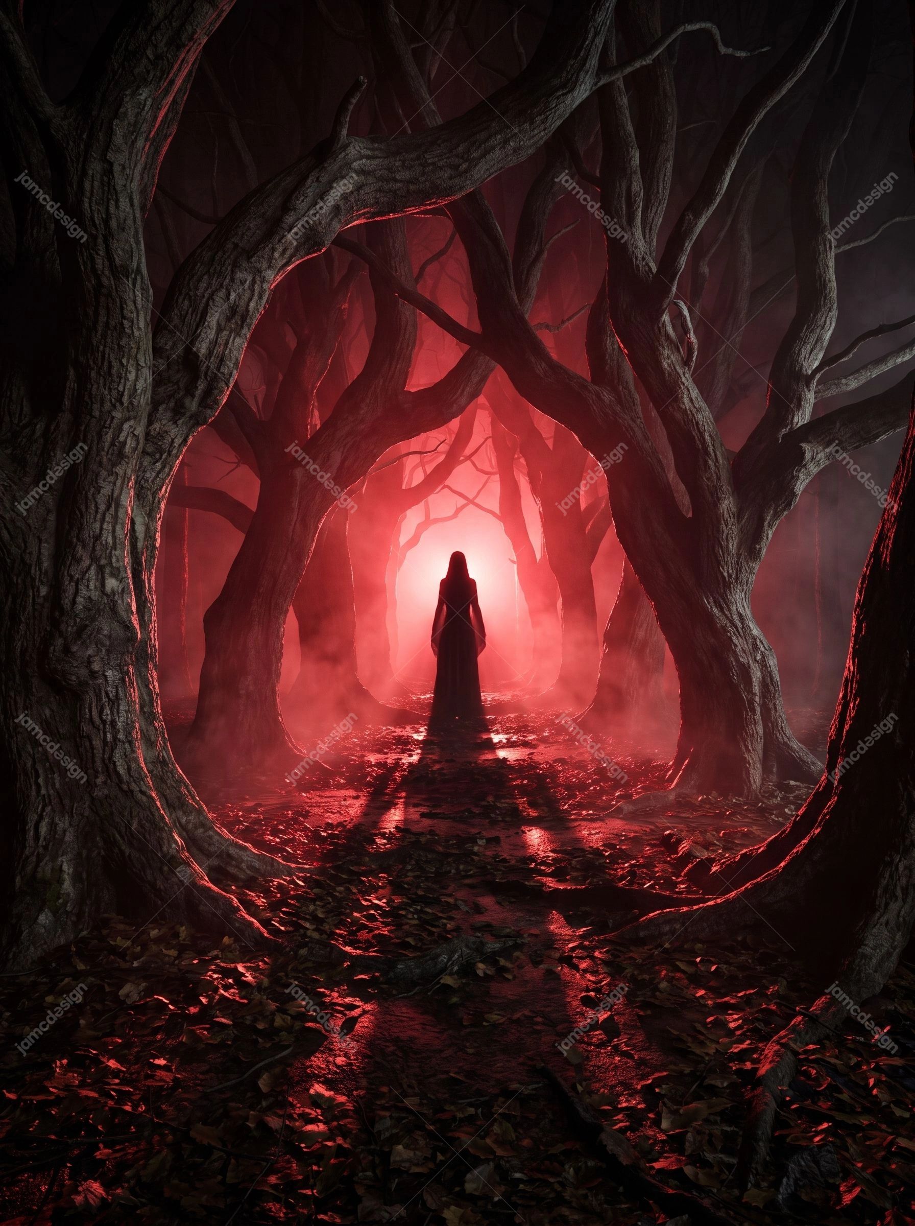 Silhouette Figure In Red Forest Tunnel Halloween Background. This JPG background depicts a shadowy figure standing in a red lit forest tunnel