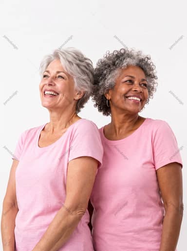 Smiling Older Women In Pink Against A White Background