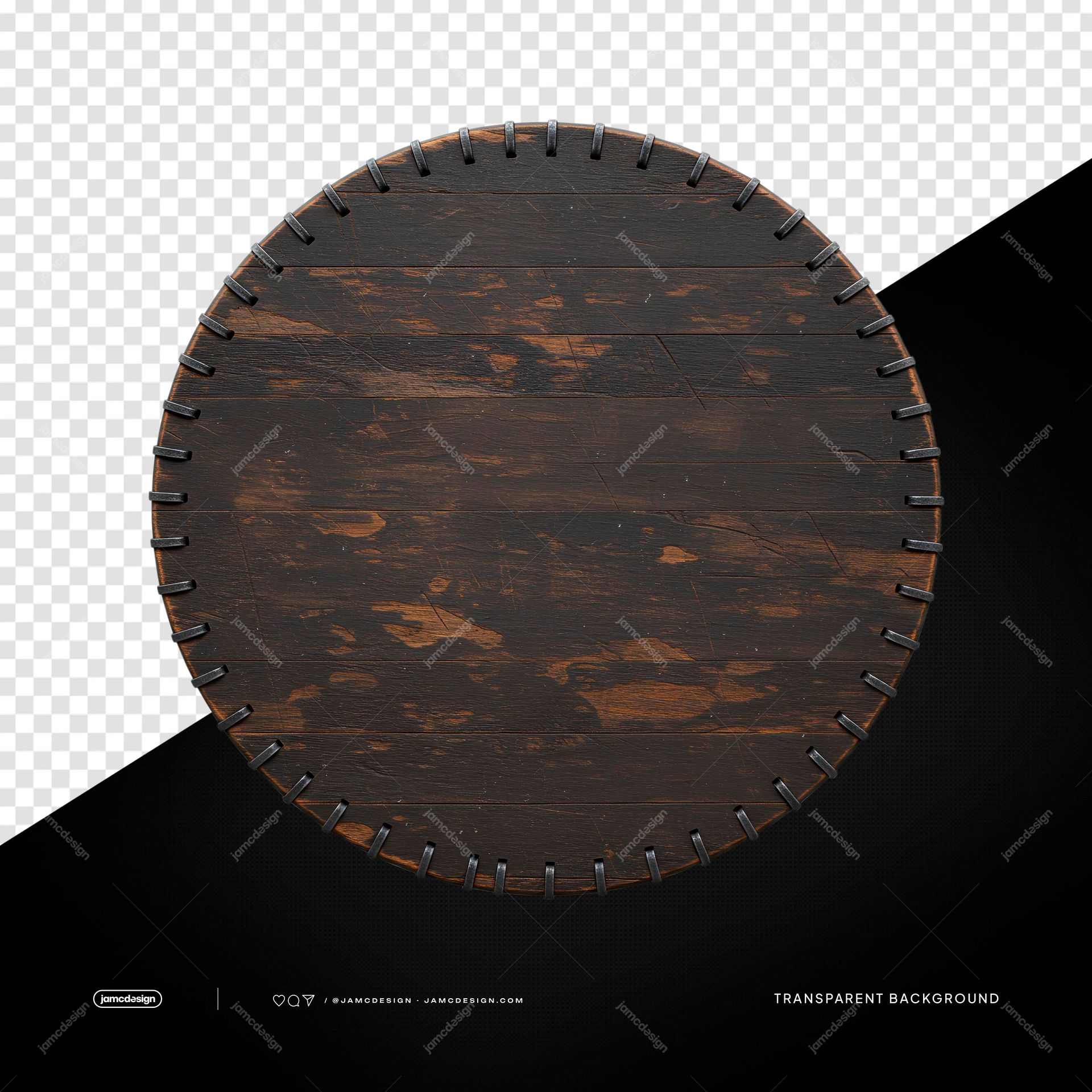 Weathered Wooden Round Board Brown Timber Planks PNG Transparent. A dark, weathered wooden round board is supplied as a PNG transparent object