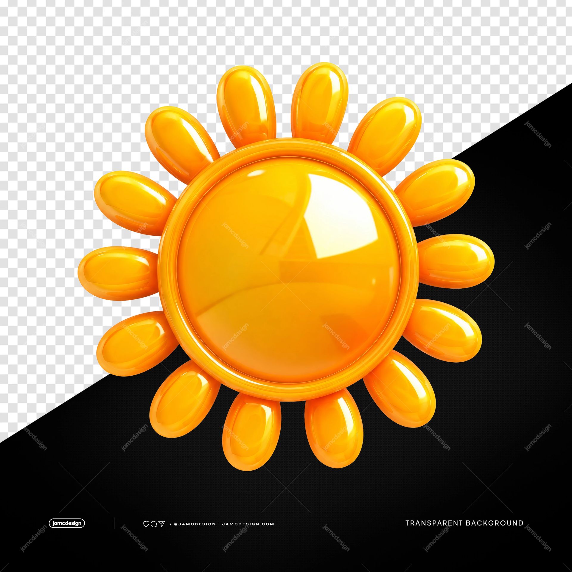 3D Bright Sun Emblem PNG Transparent Background. Glossy orange sun emblem rendered as a PNG transparent object