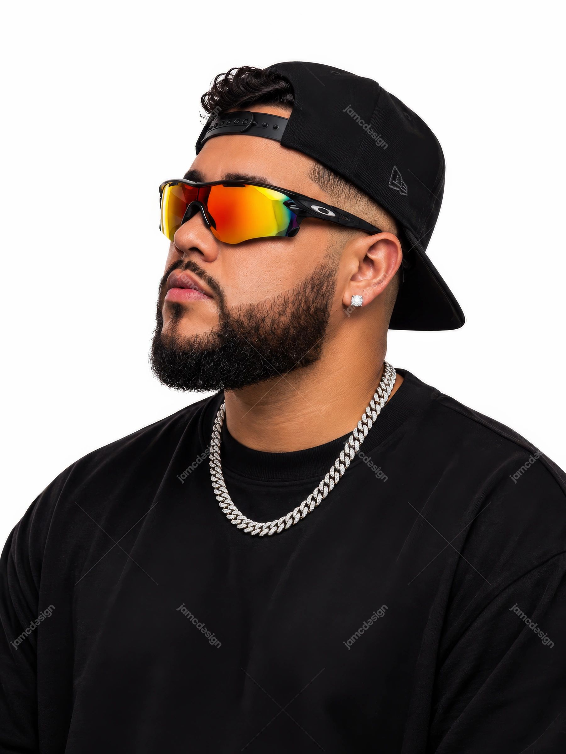 Urban Man Portrait With Reflective Sunglasses. This PNG photo shows a bearded man wearing a backward black cap, reflective orange sunglasses