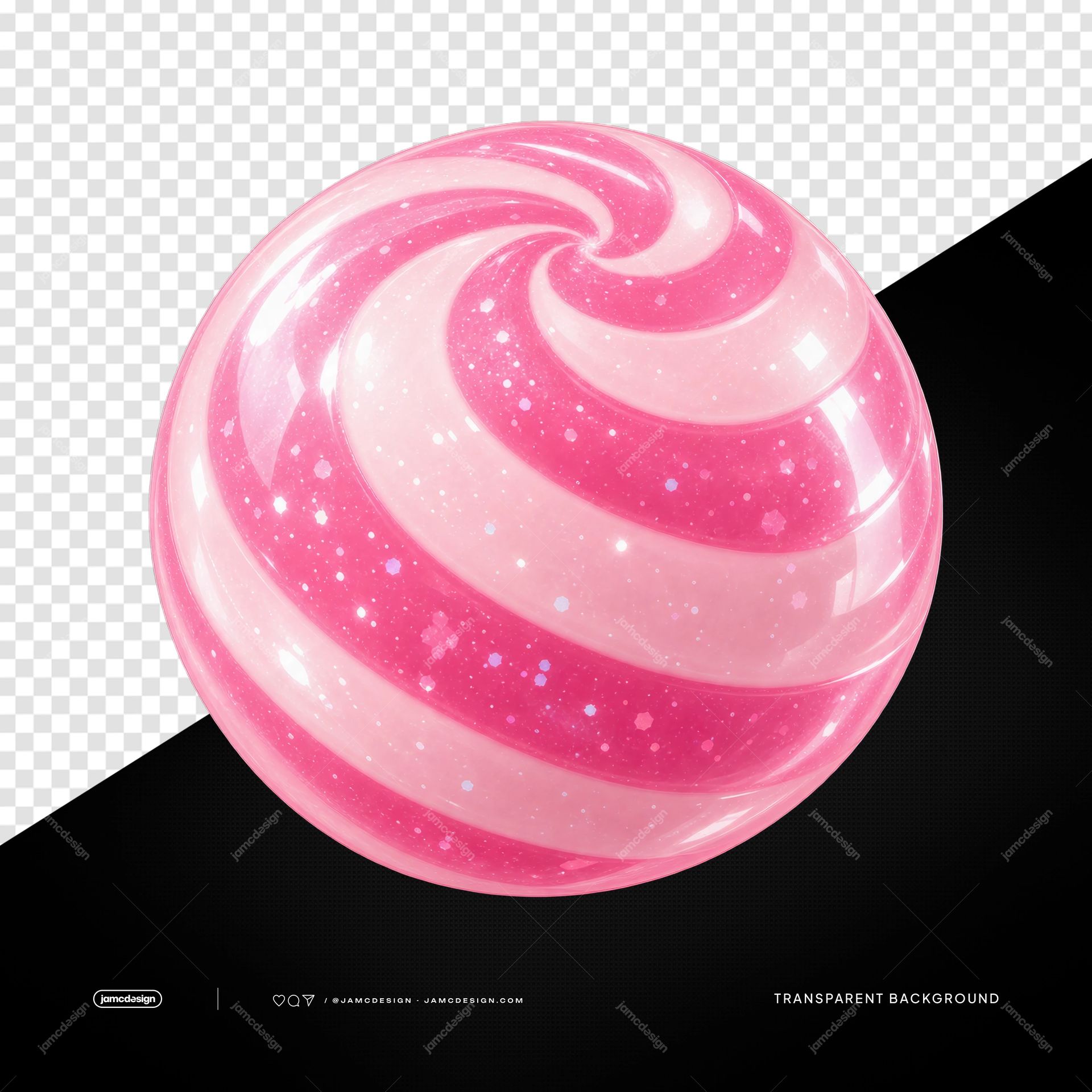 Pink And White Swirled Candy Ball PNG. A glossy pink and white swirled candy ball with sparkling flecks is presented as a realistic PNG transparent object